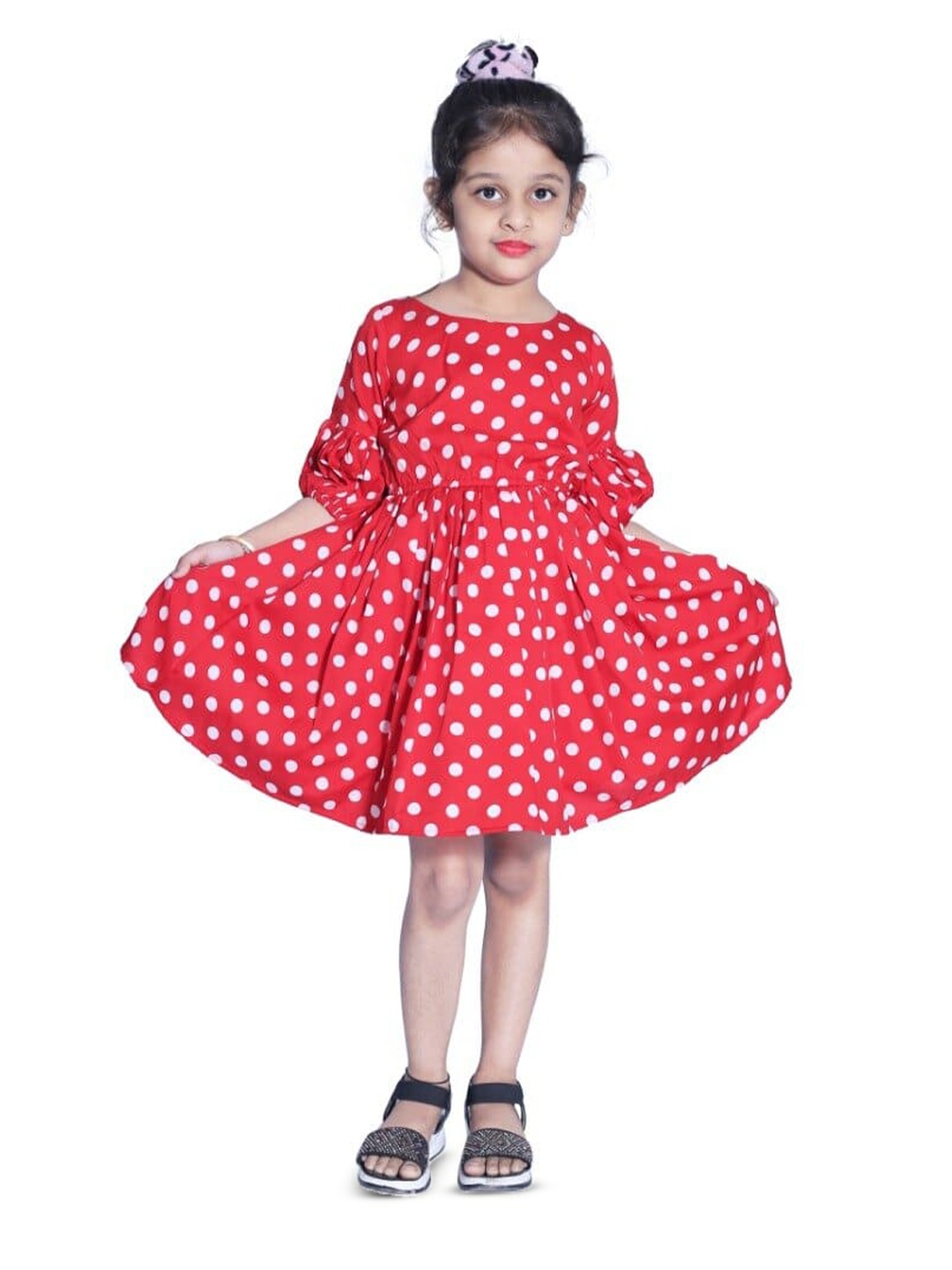 

BAESD Girls Polka Dot Printed Bell Sleeve Crepe Fit & Flare Dress, Red