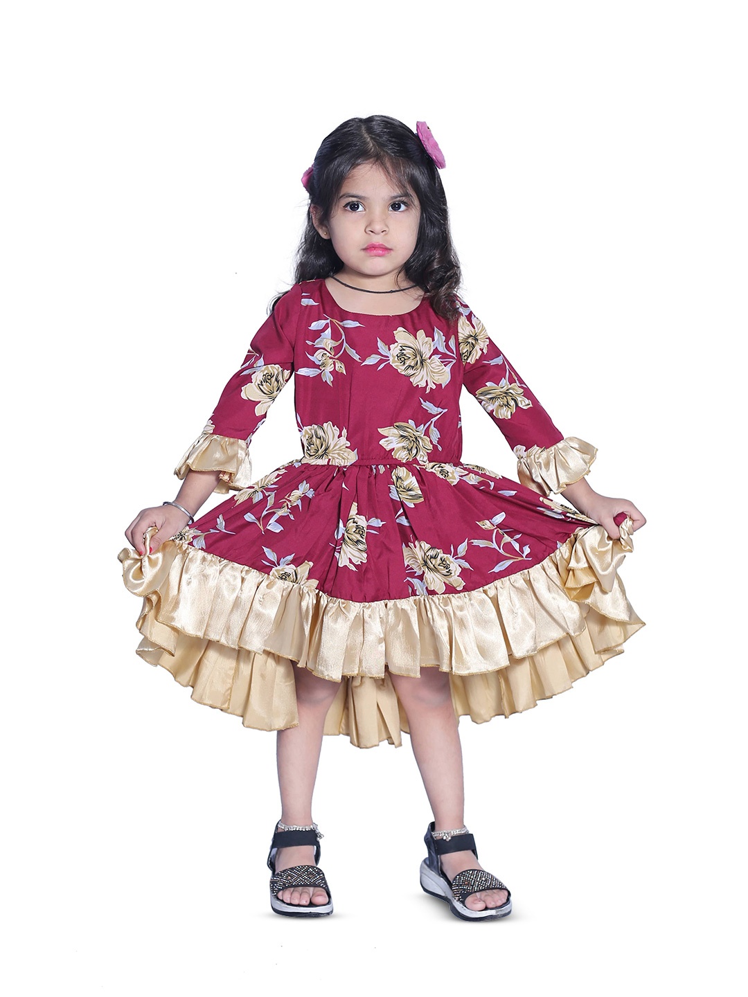 

BAESD Girls Floral Print Round Neck Three-Quarter Bell Sleeves Fit & Flare Dress, Red