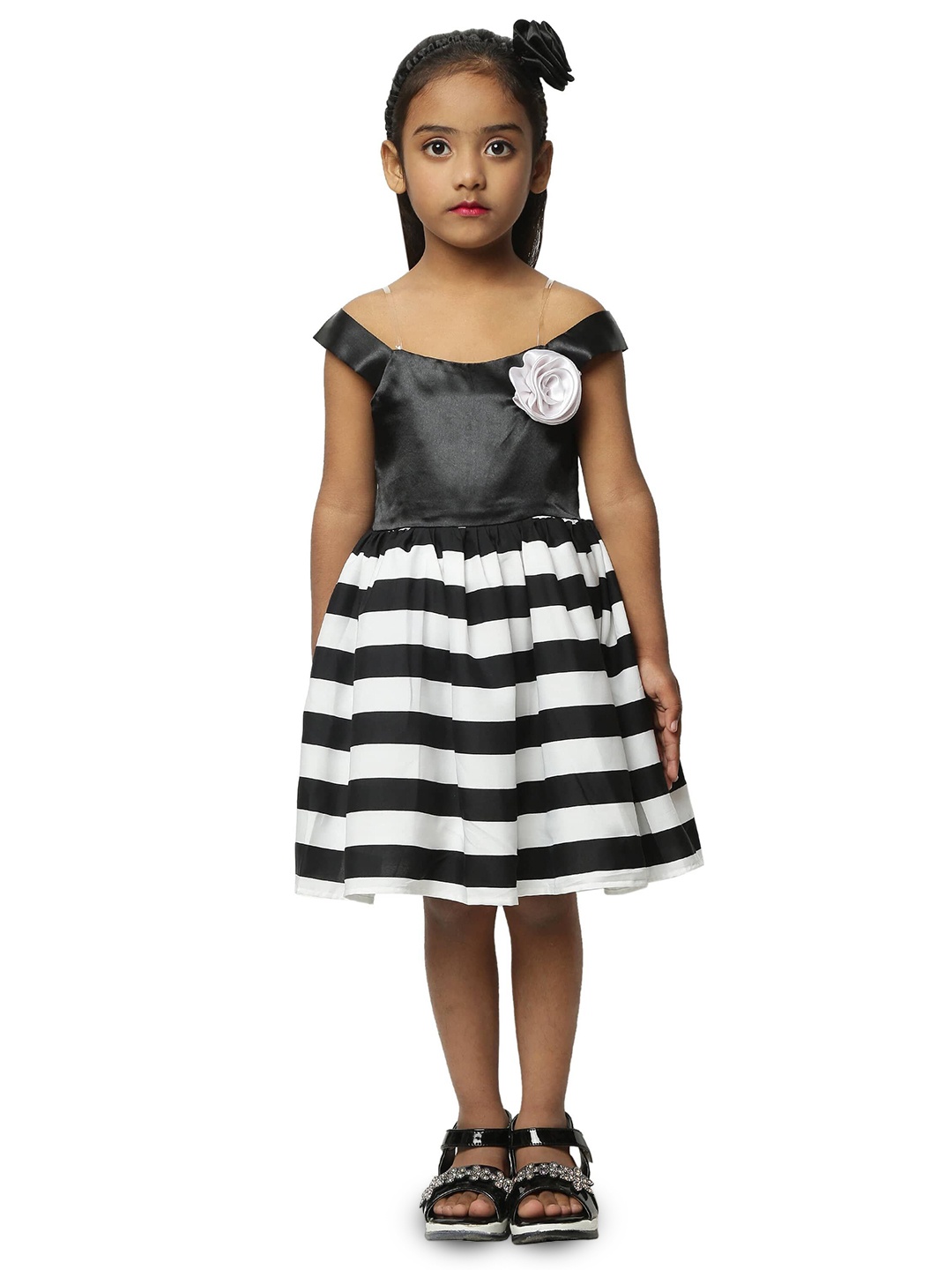 

BAESD Girls Striped Boat Neck Flared Fit & Flare Dress, Black