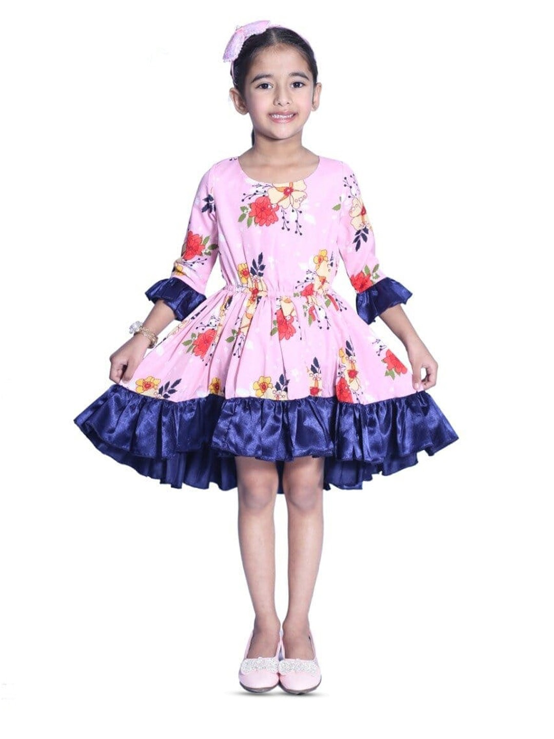 

BAESD Girls Floral Print Round Neck Three-Quarter Bell Sleeves Fit & Flare Dress, Pink