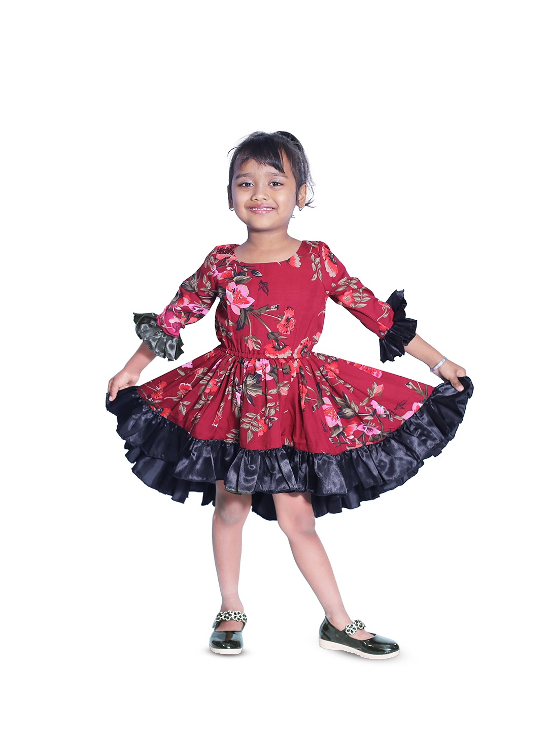 

BAESD Girls Floral Bell Sleeve Crepe Fit & Flare Dress, Red
