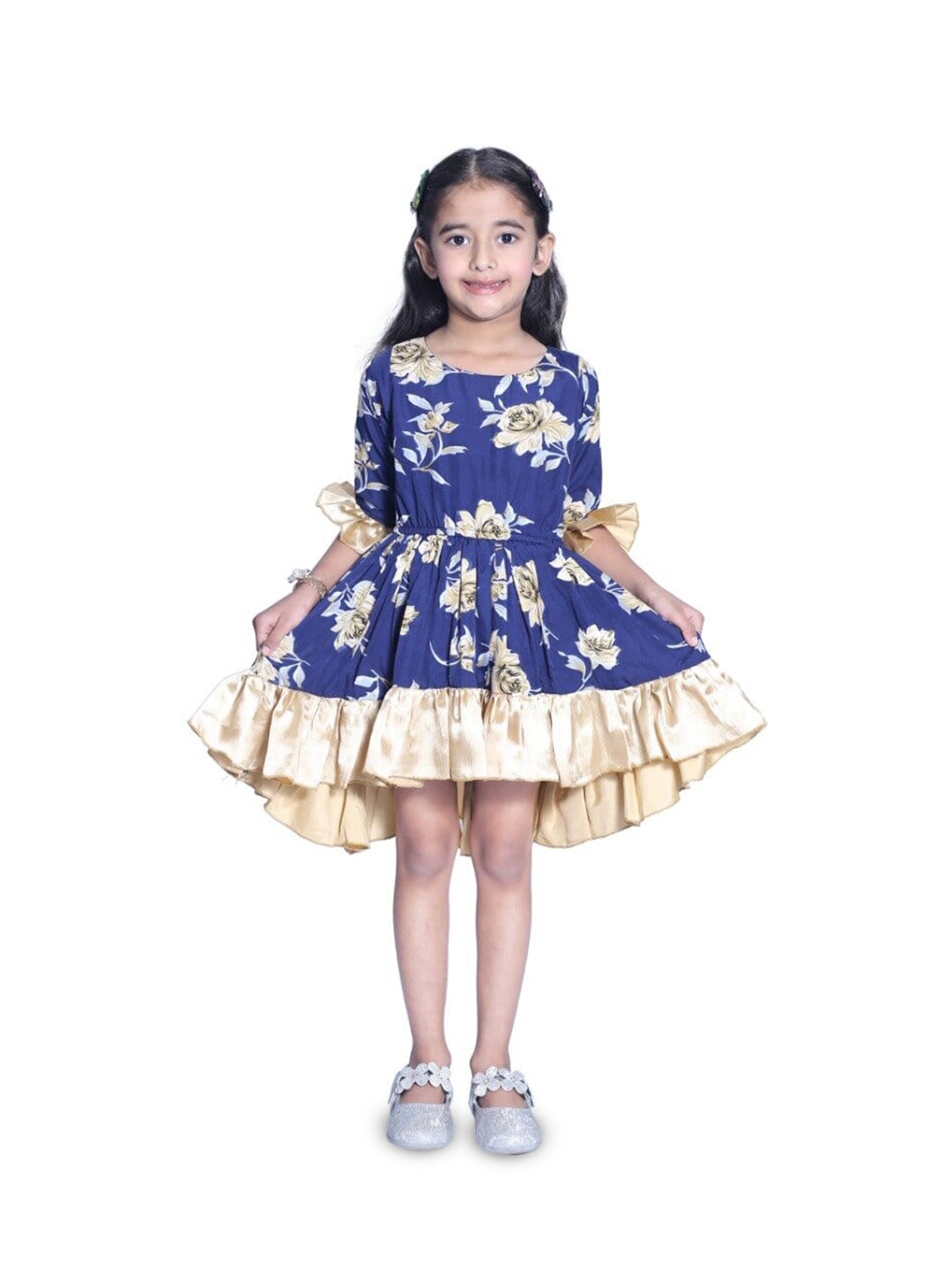 

BAESD Girls Floral Printed Round Neck Flared Fit & Flare Dress, Blue