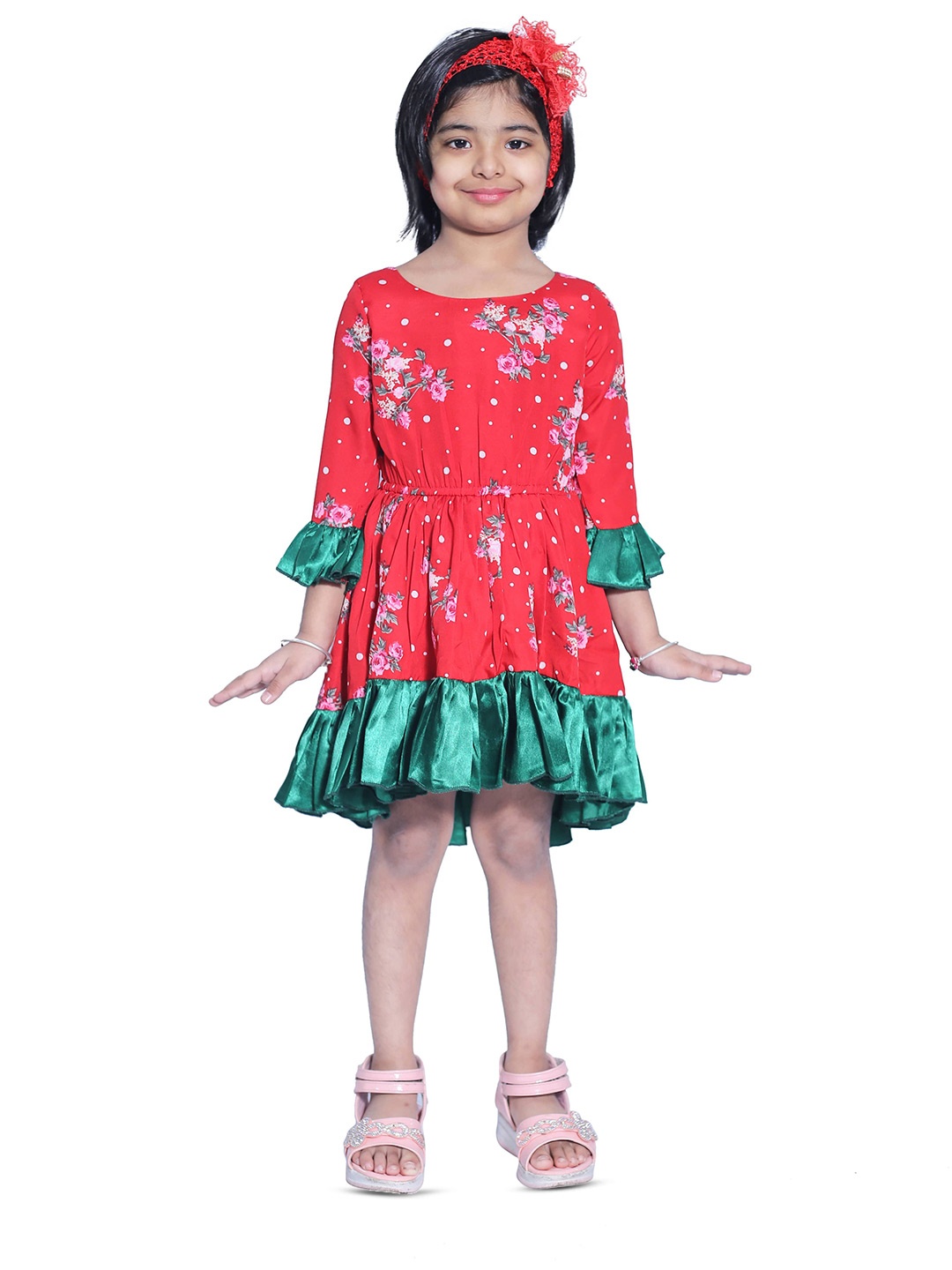 

BAESD Girls Floral Print Round Neck Three-Quarter Bell Sleeve Fit & Flare Dress, Red