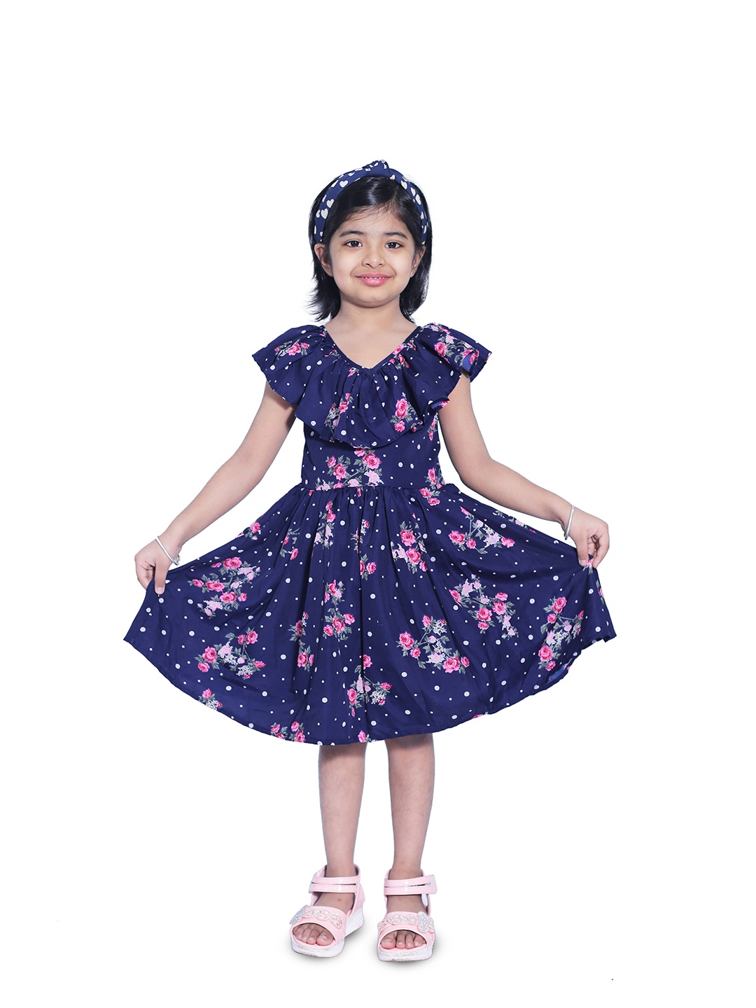

BAESD Girls Floral Printed V-Neck Flared Cap Sleeves Fit & Flare Dress, Blue