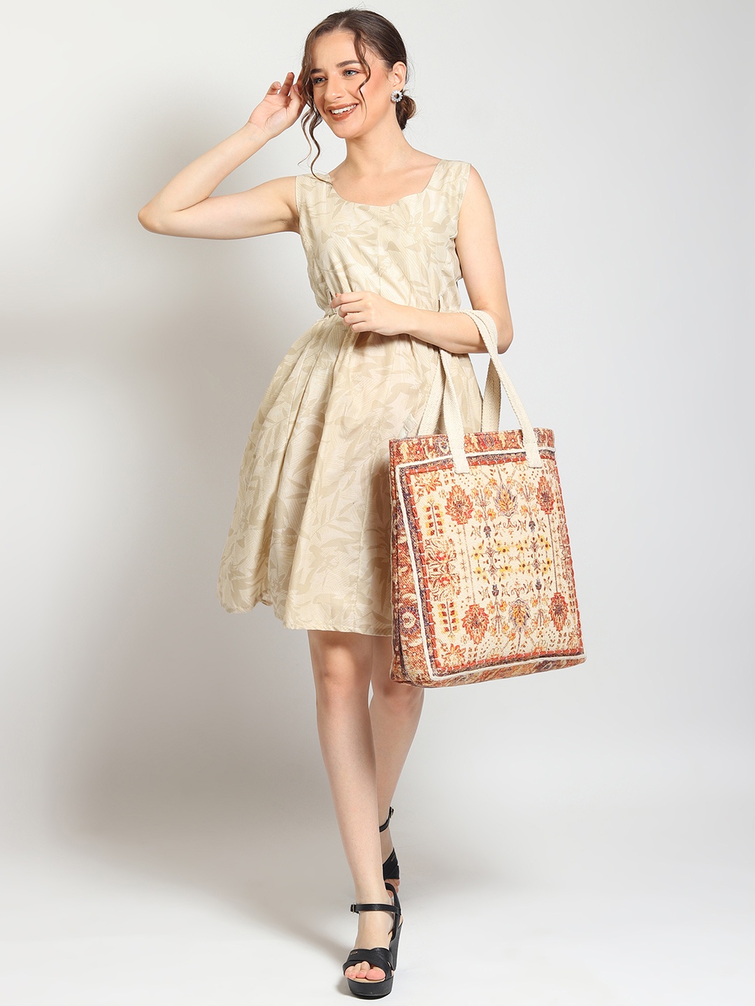 Art Avenue Ethnic Motifs Printed Shopper Cotton Tote Bag, Beige