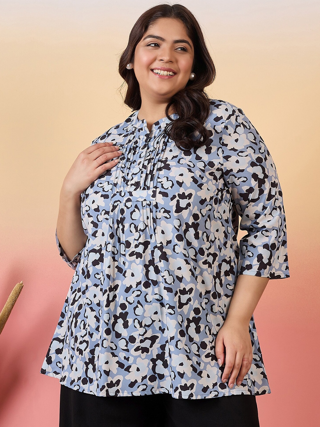 

Sztori Plus Size Floral Printed Mandarin Collar Pleated A-Line Short Kurti, Blue