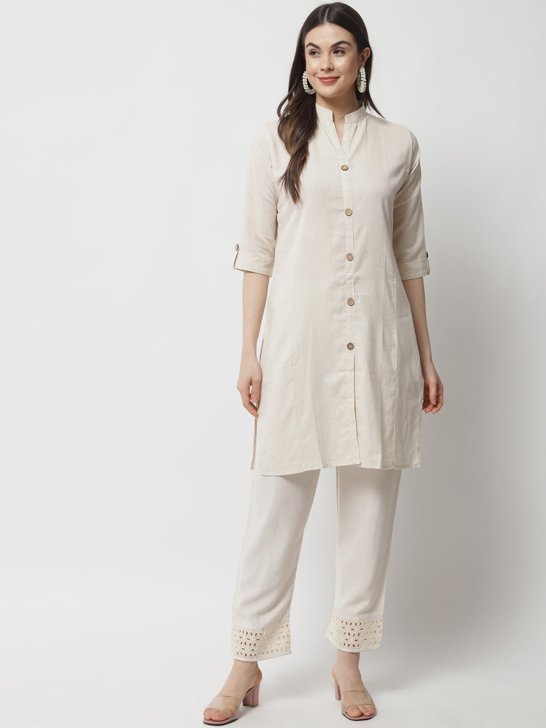 

KALINI Mandarin Collar Pure Cotton Tunic With Trousers, Off white