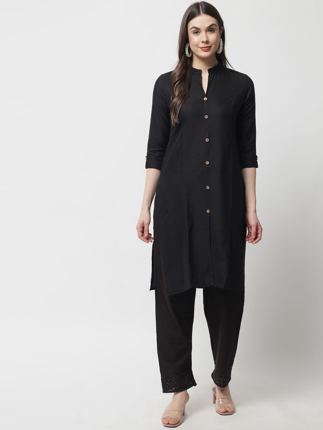 

KALINI Mandarin Collar Pure Cotton Tunic With Trousers, Black