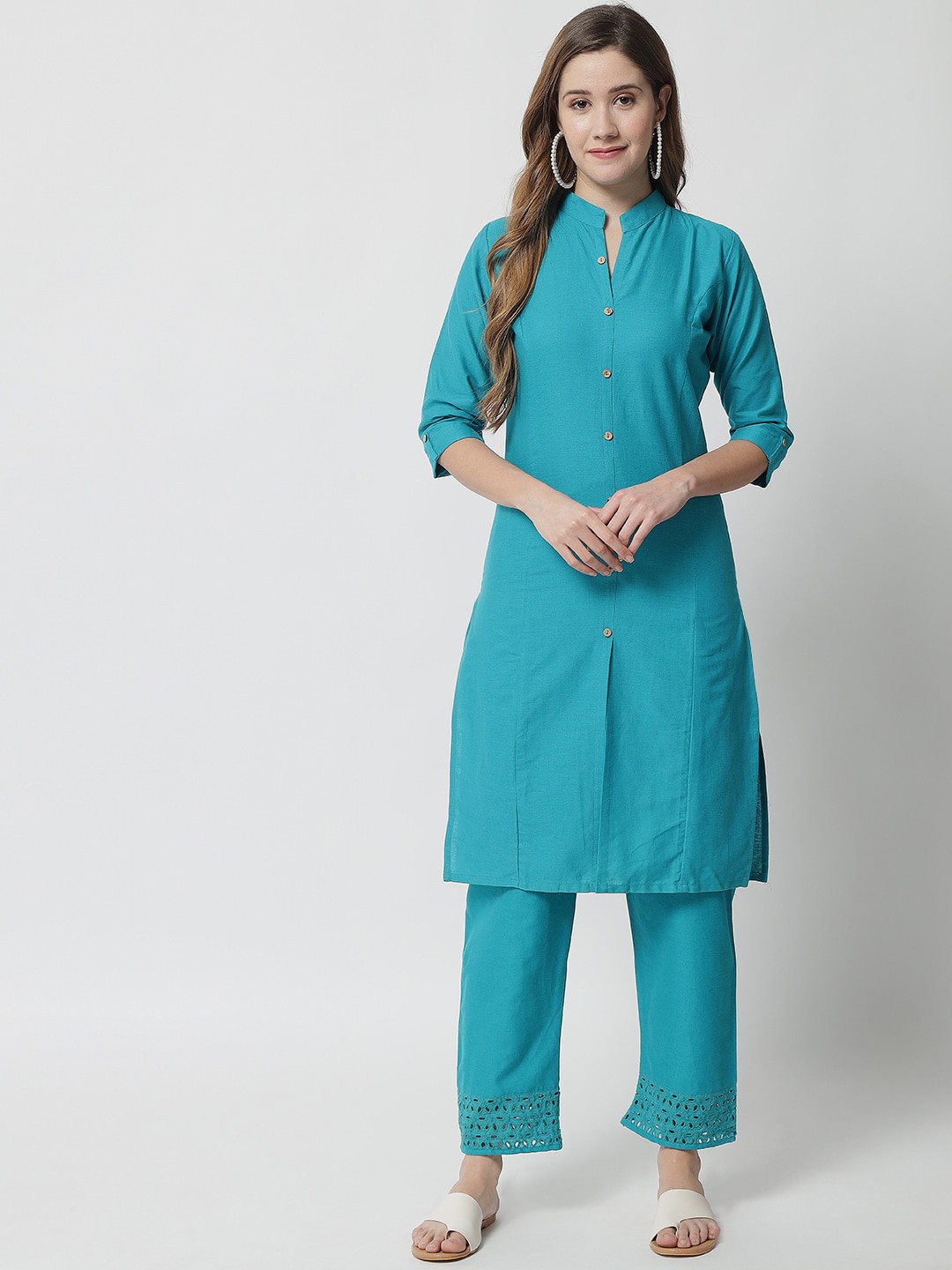

KALINI Mandarin Collar Pure Cotton Tunic With Trousers, Blue