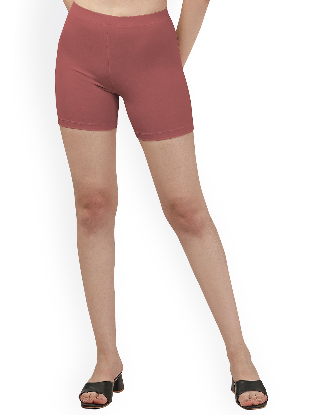 

Mehrang Women Skinny Fit High Rise Sports Shorts, Peach