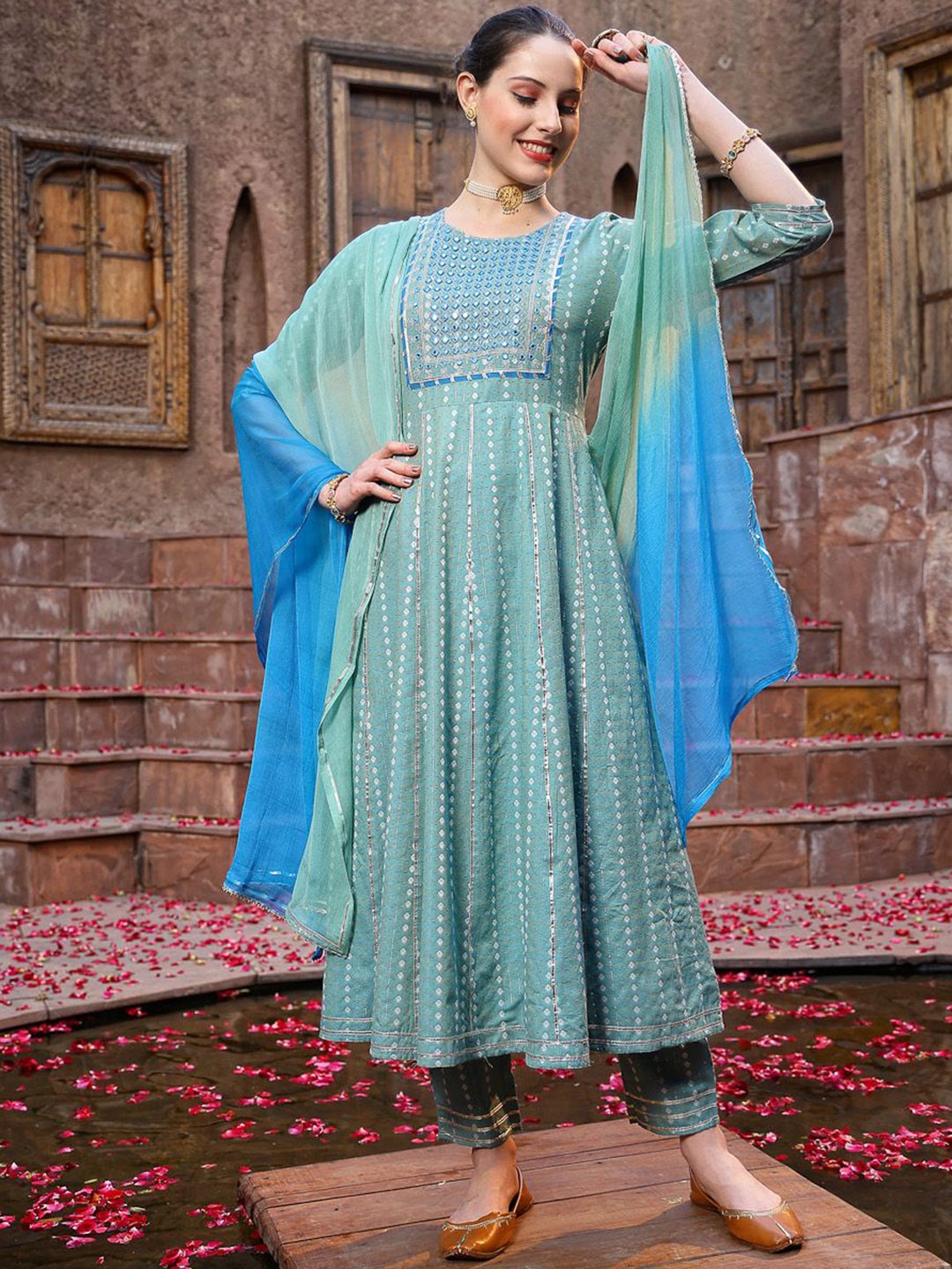 

Stylum Turquoise Blue Embroidered Regular Gotta Patti Kurta with Trousers & Dupatta