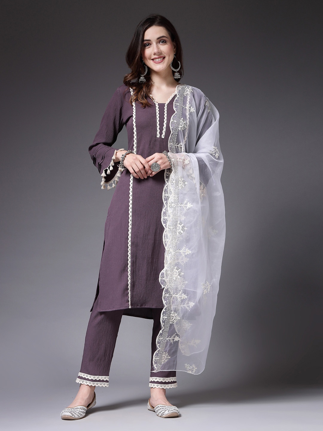 

Stylum V-Neck Regular Sequinned Silk Crepe Straight Kurta Set, Purple