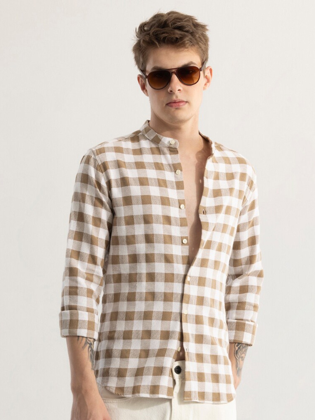 

Snitch Beige Snug Slim Fit Opaque Checked Cotton Casual Shirt