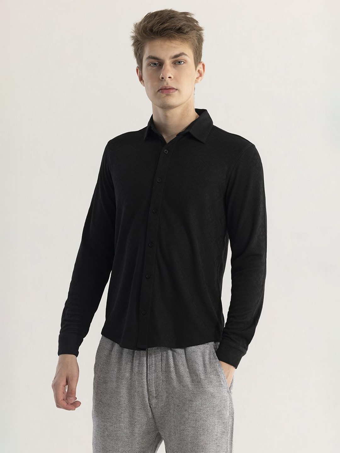 

Snitch Black Textured Self Design Straight Slim Fit Cotton Opaque Casual Shirt