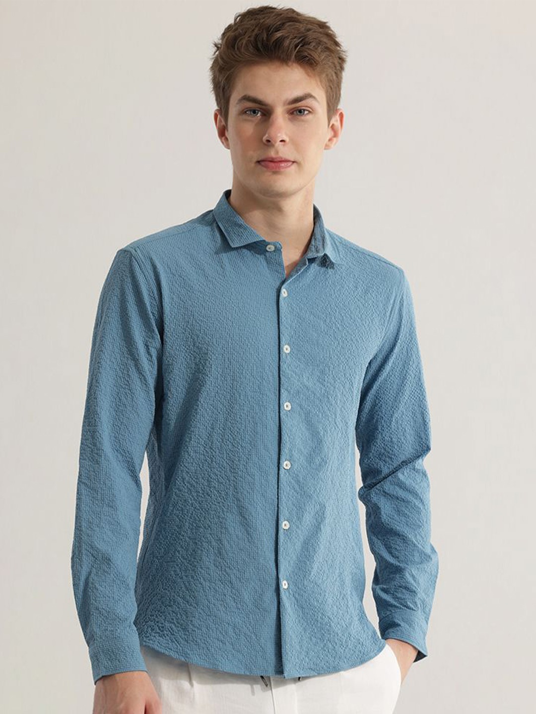 

Snitch Blue Textured Self Design Snug Slim Fit Opaque Casual Shirt