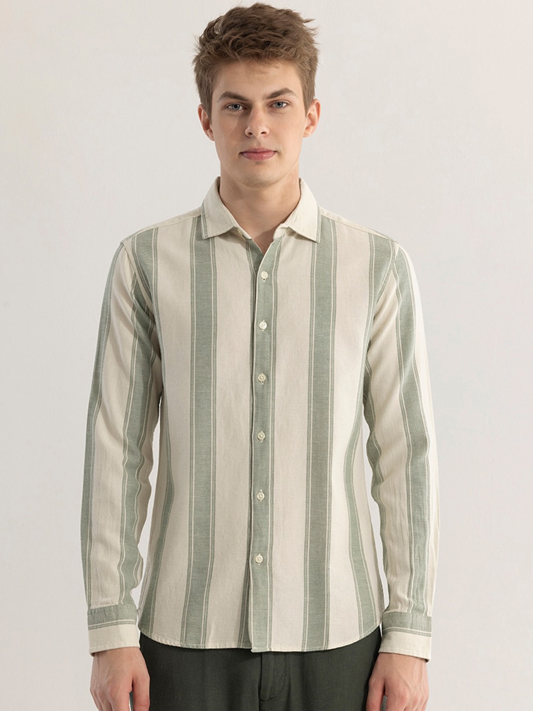 

Snitch Olive Green Straight Slim Fit Vertical Striped Cotton Casual Shirt