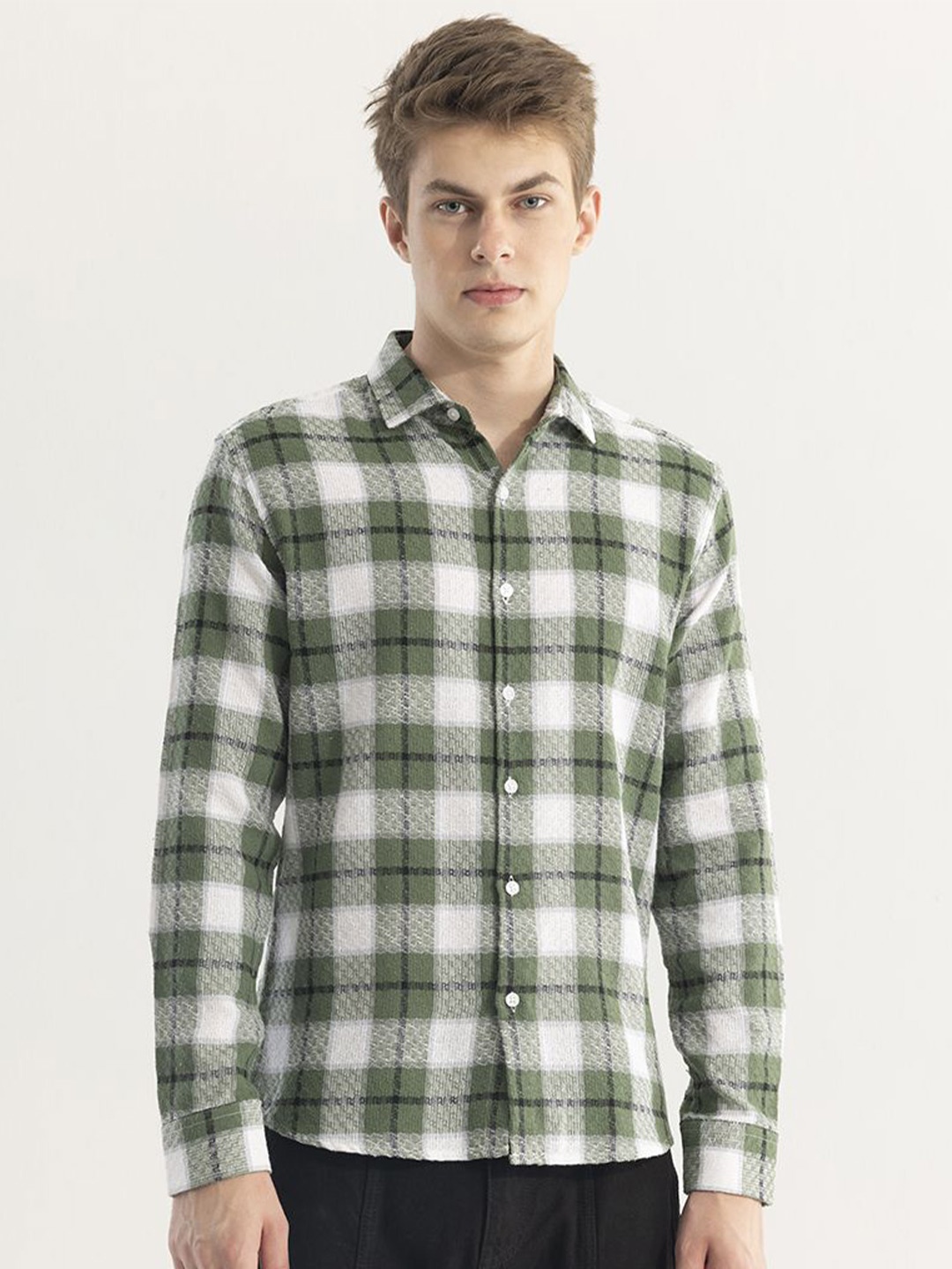 

Snitch Olive Green Tartan Checked Snug Slim Fit Cotton Opaque Casual Shirt