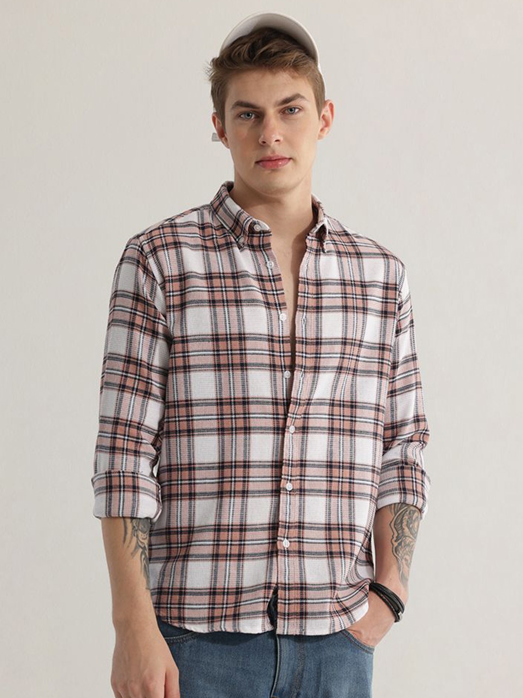 

Snitch Mauve Snug Slim Fit Tartan Checked Button-Down Collar Pure Cotton Casual Shirt