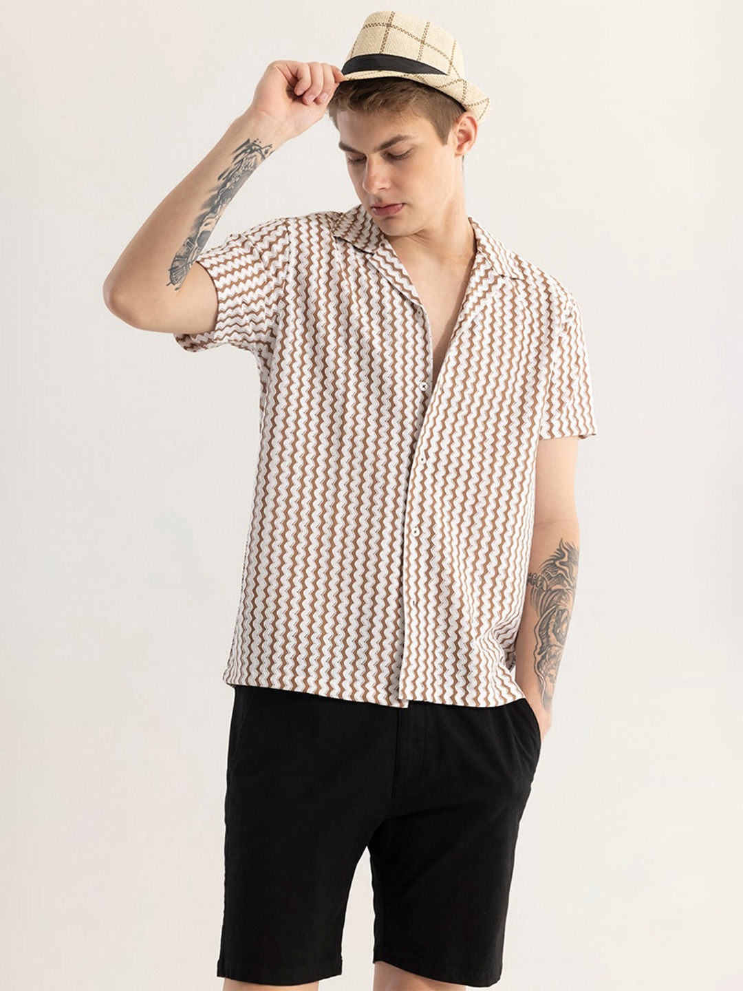 

Snitch Brown & White Vertical Striped Snug Slim Fit Opaque Casual Shirt