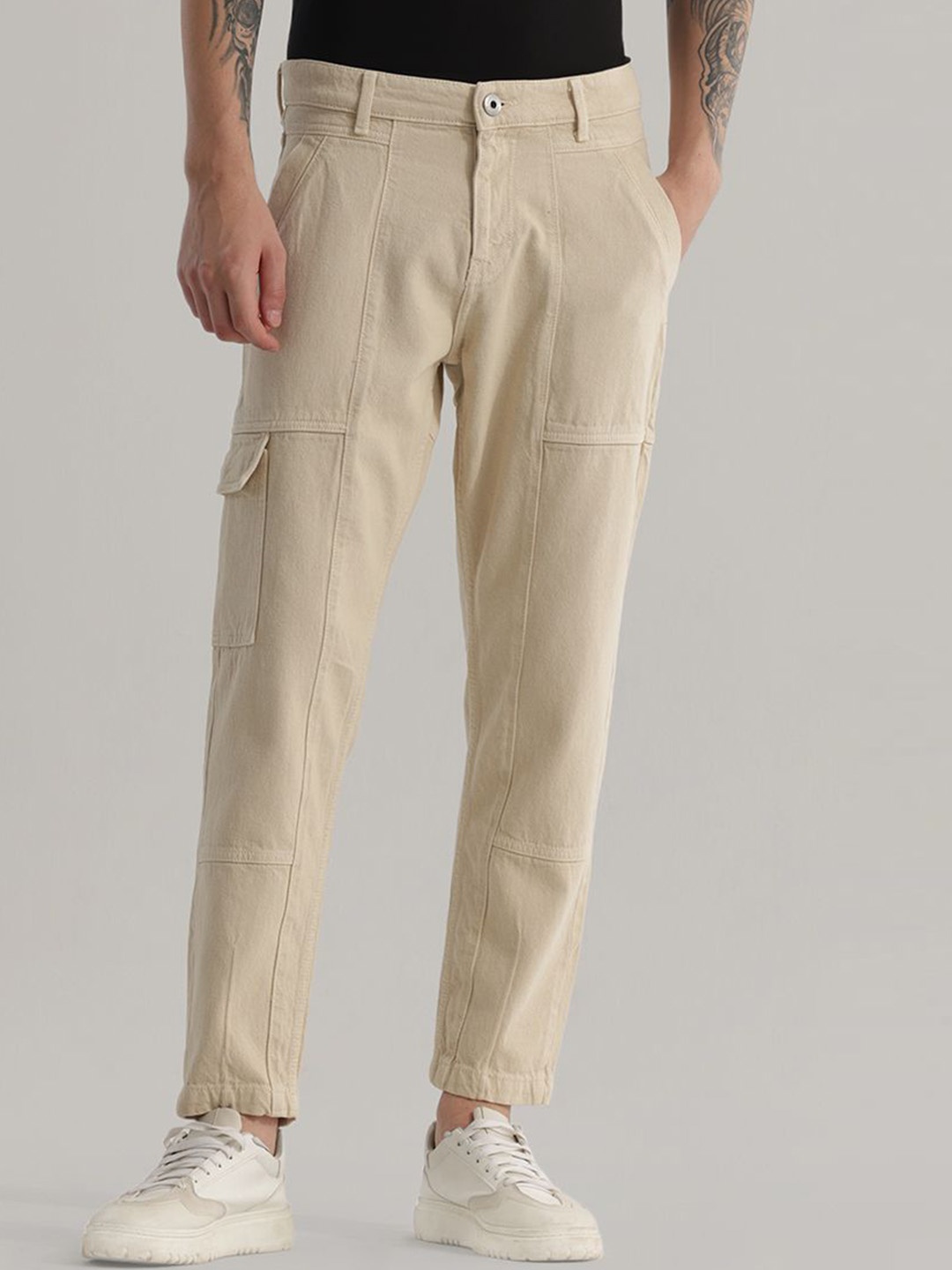 

Snitch Men Jean Relaxed Fit Clean Look Mid-Rise Pure Cotton Cargo Jeans, Beige