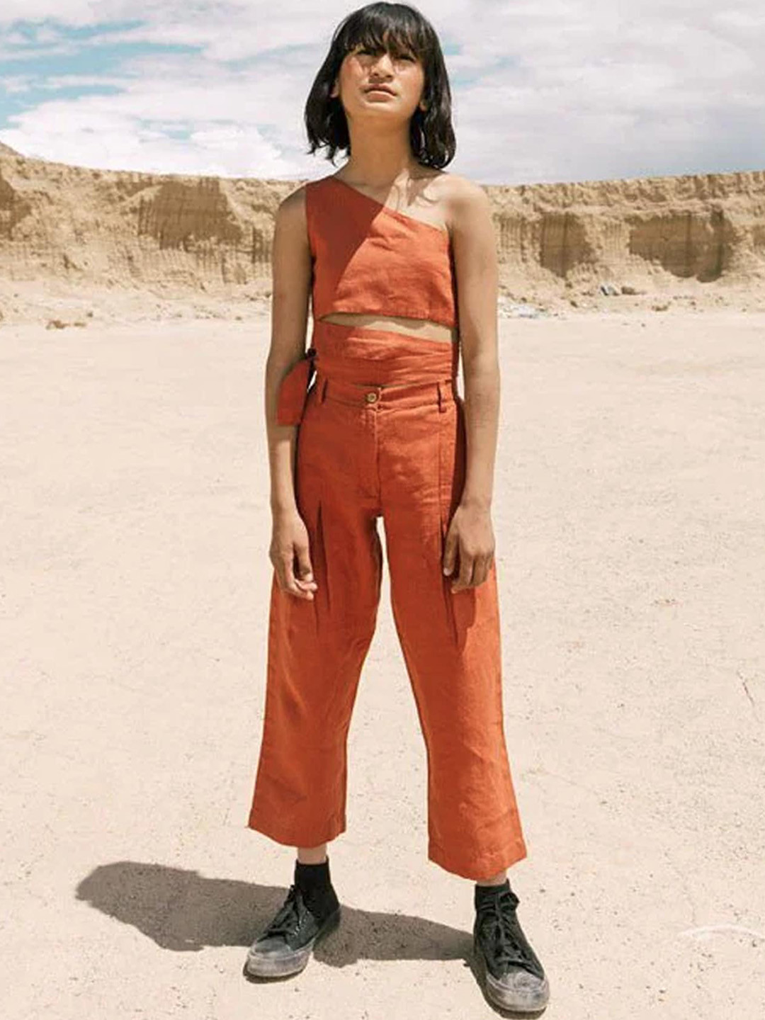 

CHI LINEN CLOTHING Girls One Shoulder Linen Top & Trouser, Orange