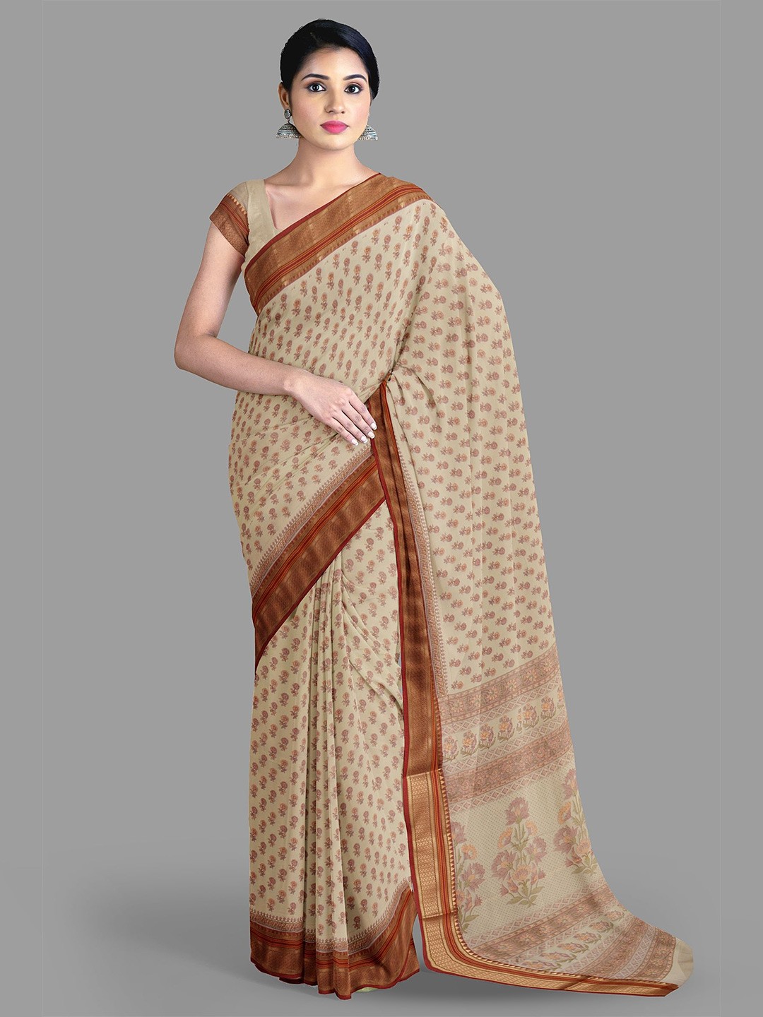 

The Chennai Silks Floral Zari Chanderi Saree, Beige