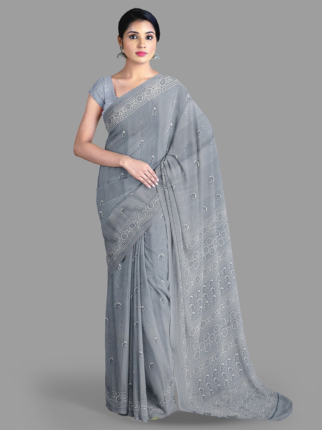 

The Chennai Silks Floral Printed Pure Cotton Kota Saree, Grey