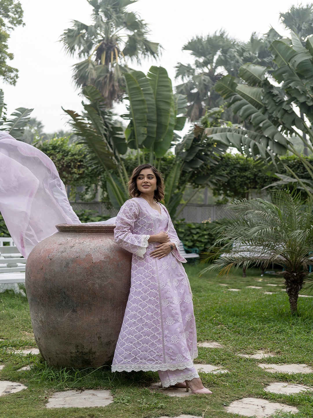 

HEEPOSH Floral Embroidered Angrakha Pure Cotton Anarkali Kurta With Palazzos & Dupatta, Pink