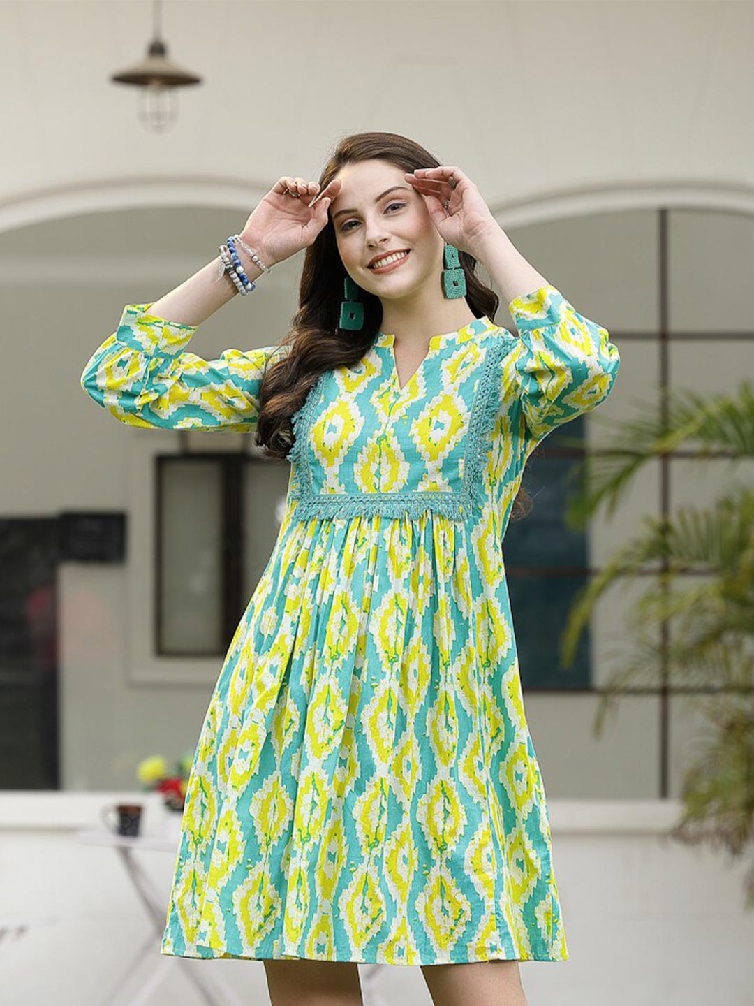 

Stylum Green & Blue Ethnic Motifs Printed Mandarin Collar Cotton A-Line Dress