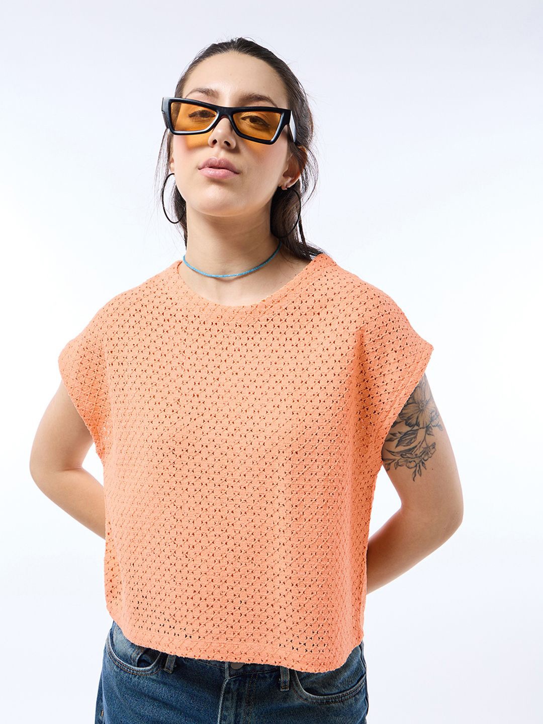 

Bewakoof Women Textured Oversized Crochet Short Top, Orange