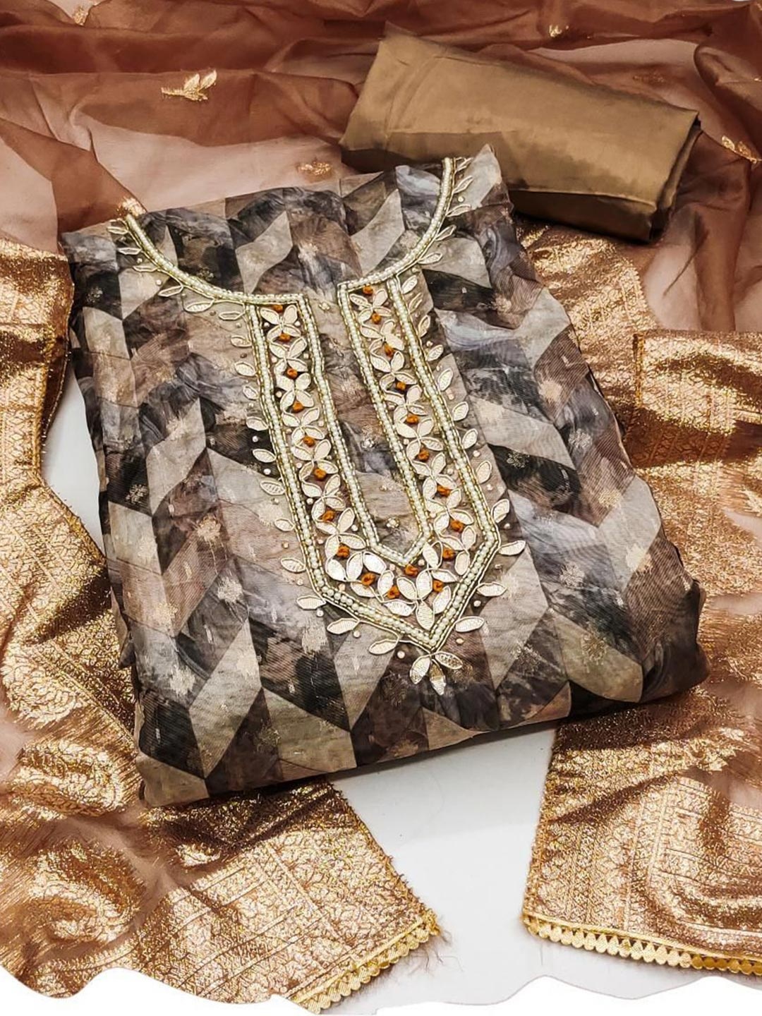 

Dori Embroidered Organza Unstitched Dress Material, Brown