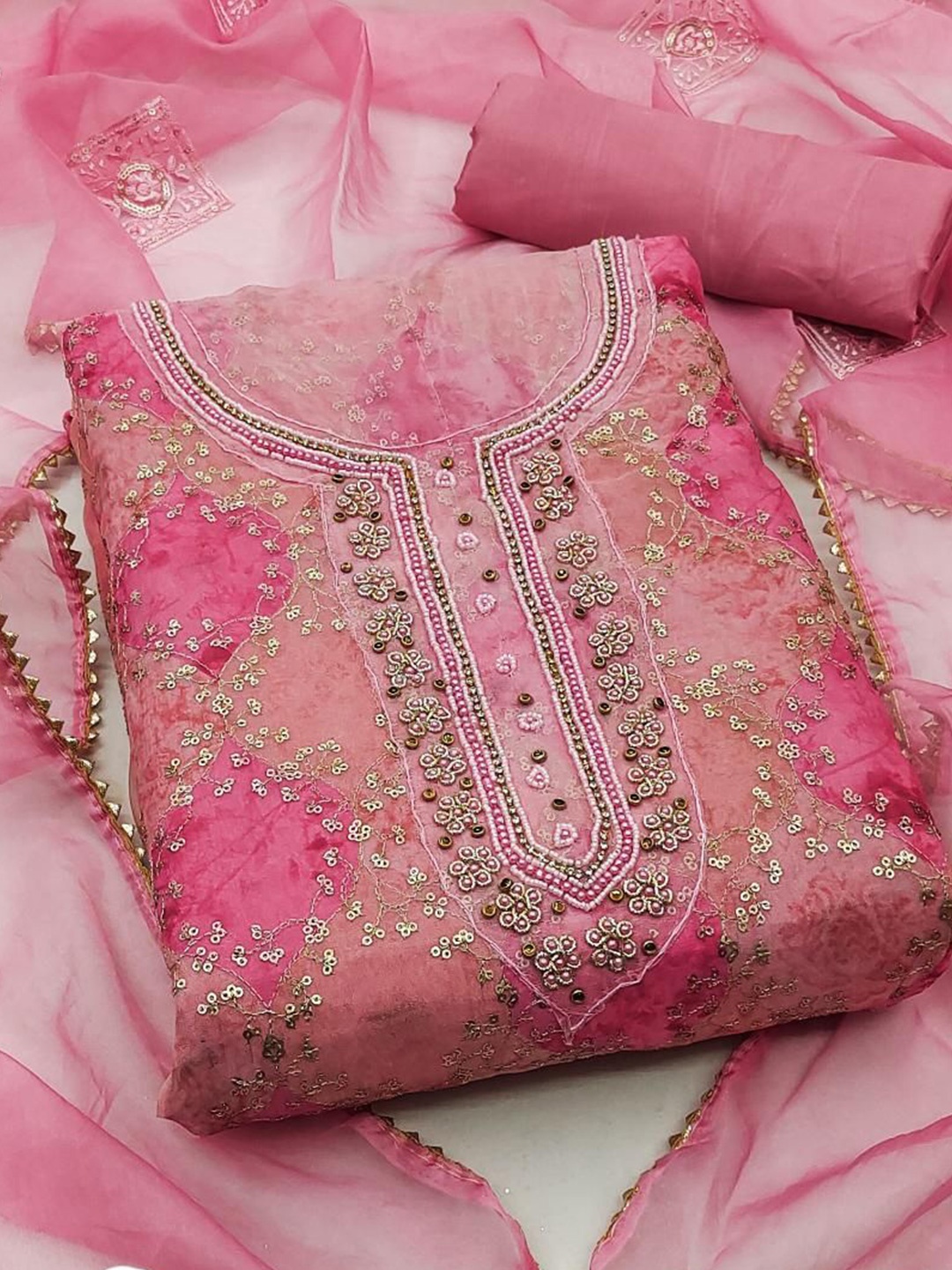 

Dori Embroidered Organza Unstitched Dress Material, Pink
