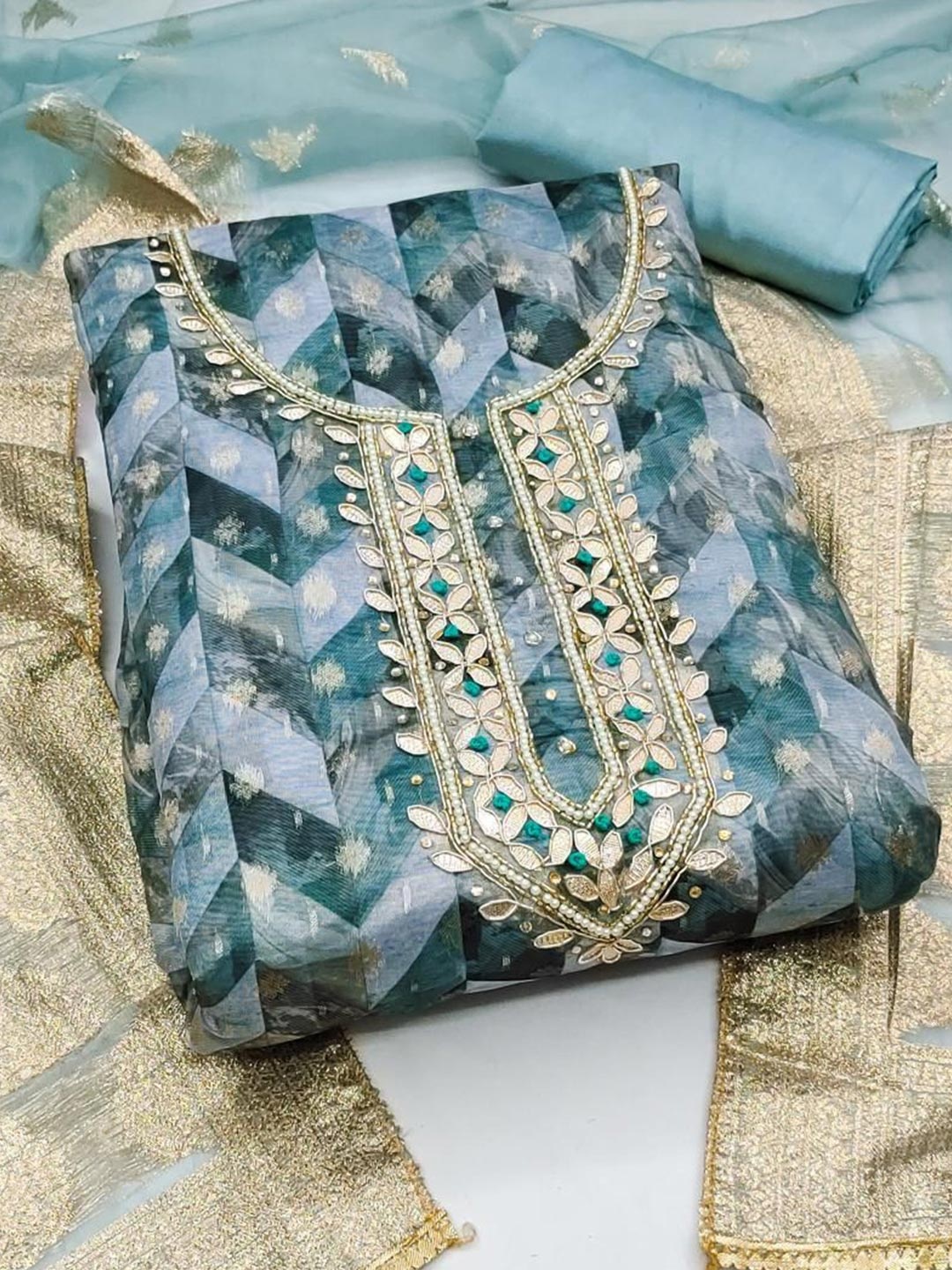 

Dori Embroidered Organza Unstitched Dress Material, Blue