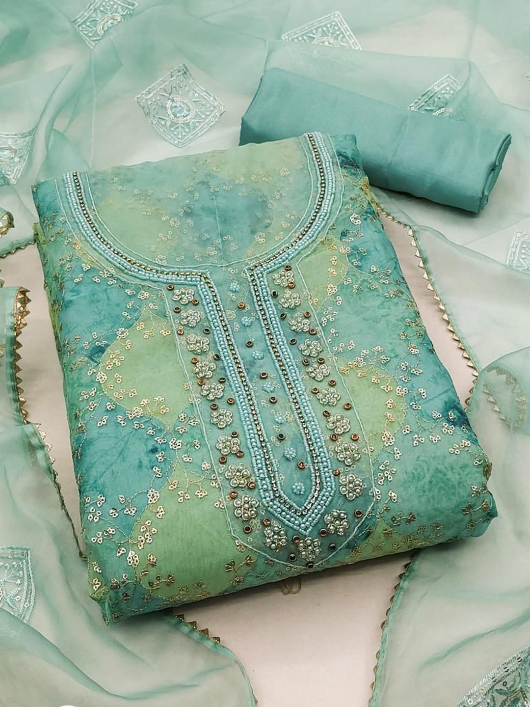 

Dori Embroidered Organza Unstitched Dress Material, Blue