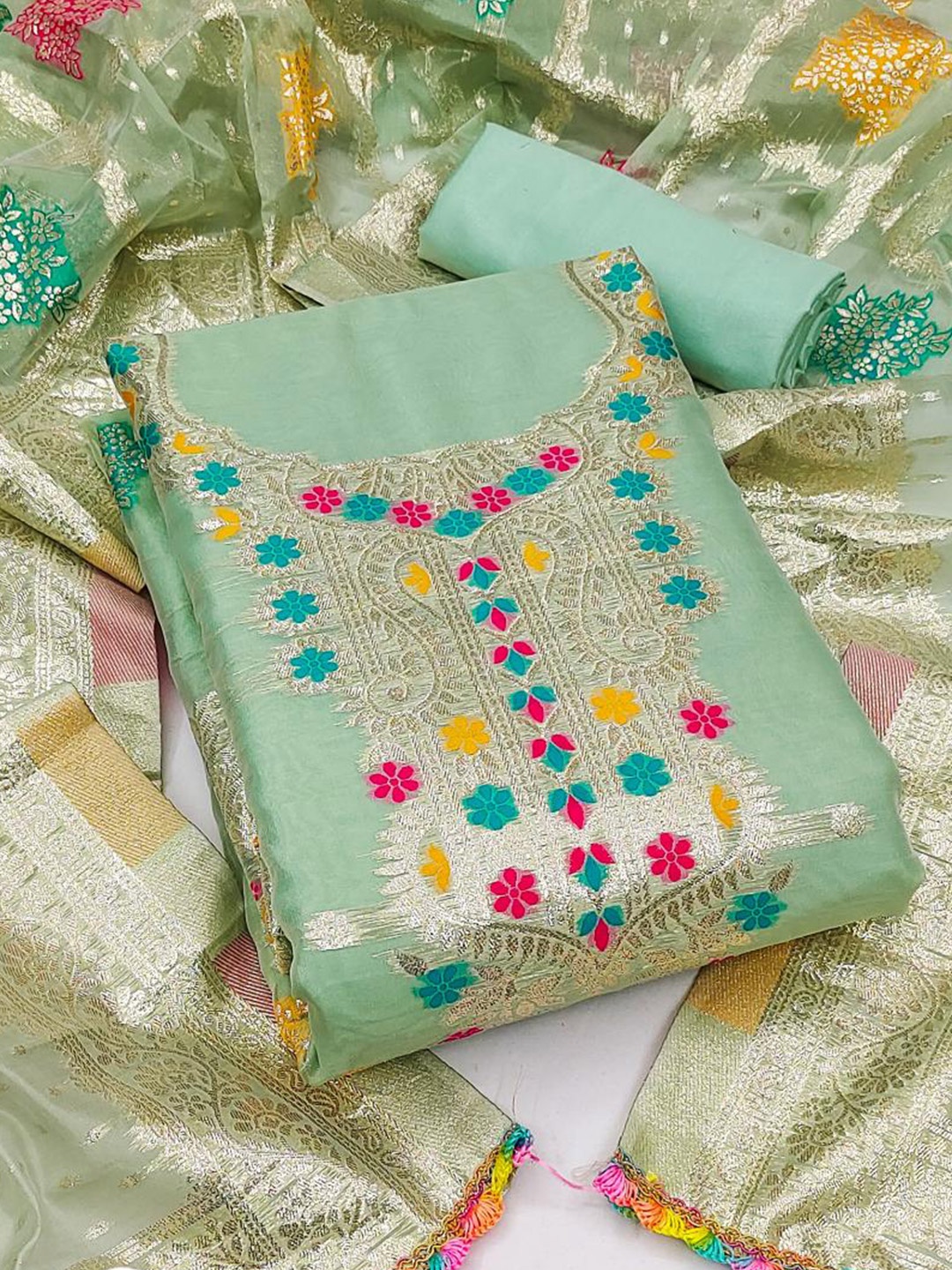 

Dori Embroidered Organza Unstitched Dress Material, Green