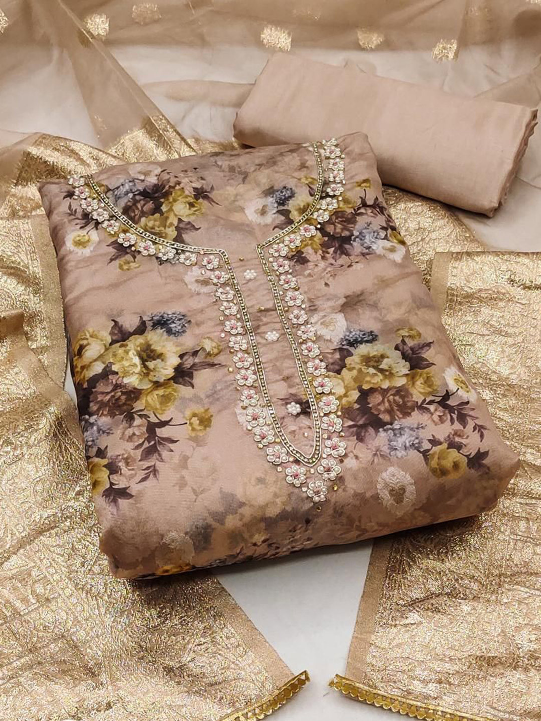 

Dori Embroidered Organza Unstitched Dress Material, Brown