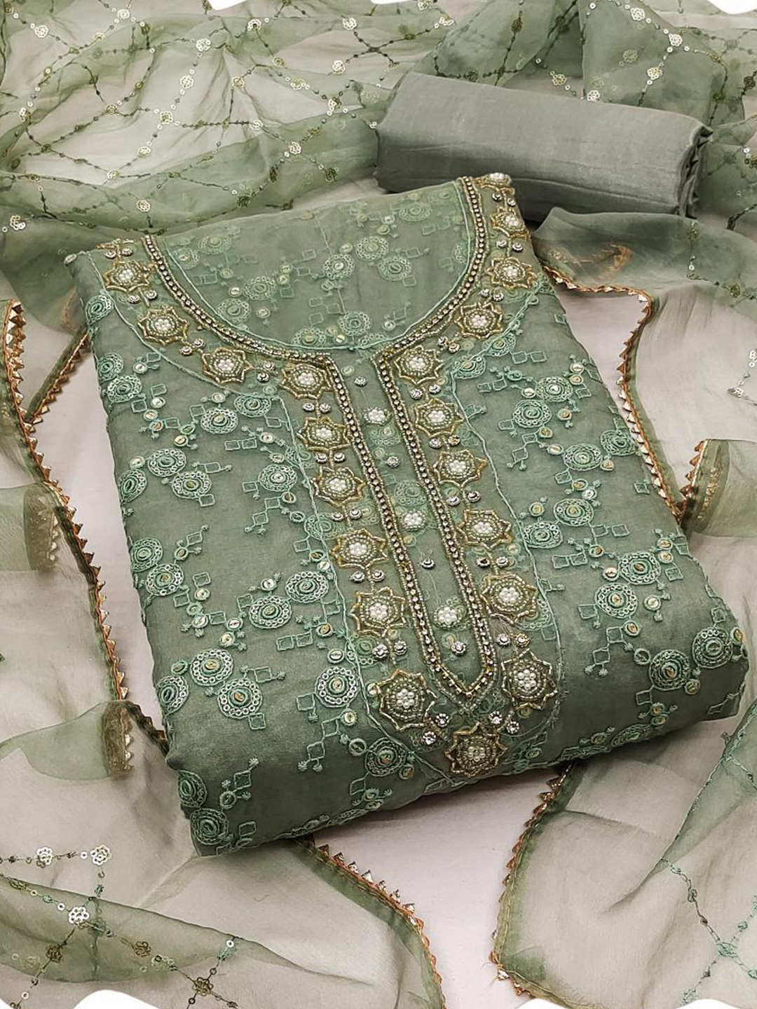 

Dori Embroidered Organza Unstitched Dress Material, Green