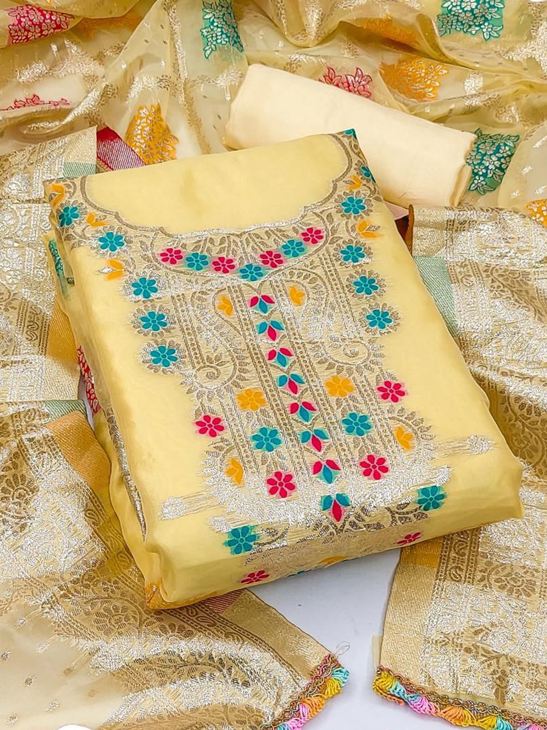 

Dori Embroidered Organza Unstitched Dress Material, Yellow