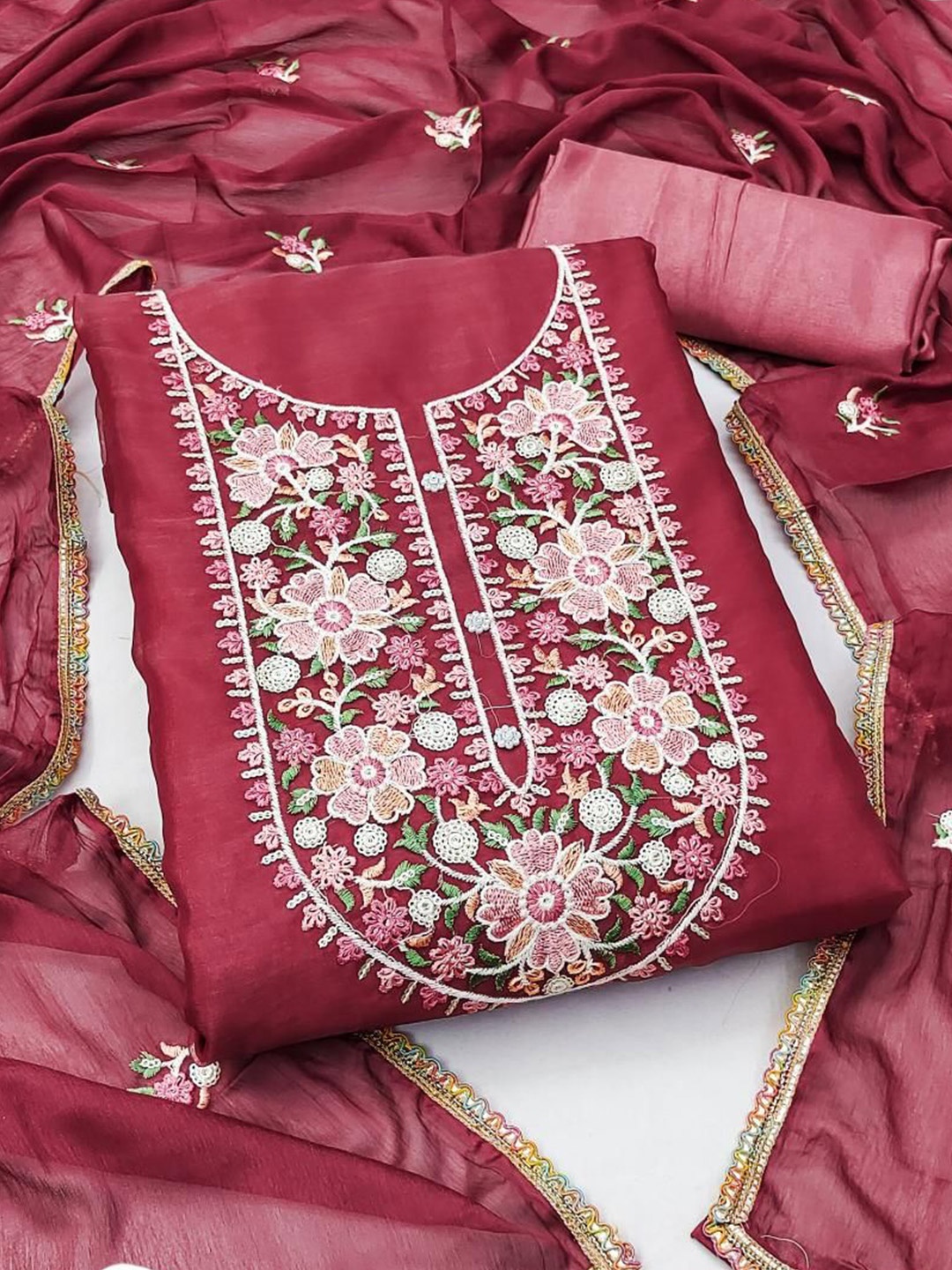 

Dori Embroidered Organza Unstitched Dress Material, Maroon