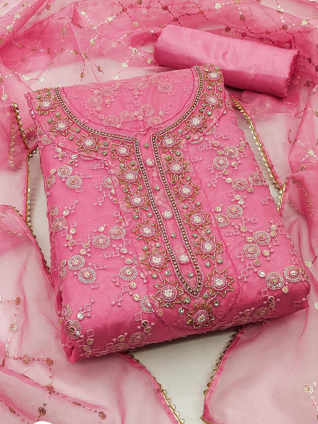 

Dori Embroidered Organza Unstitched Dress Material, Pink