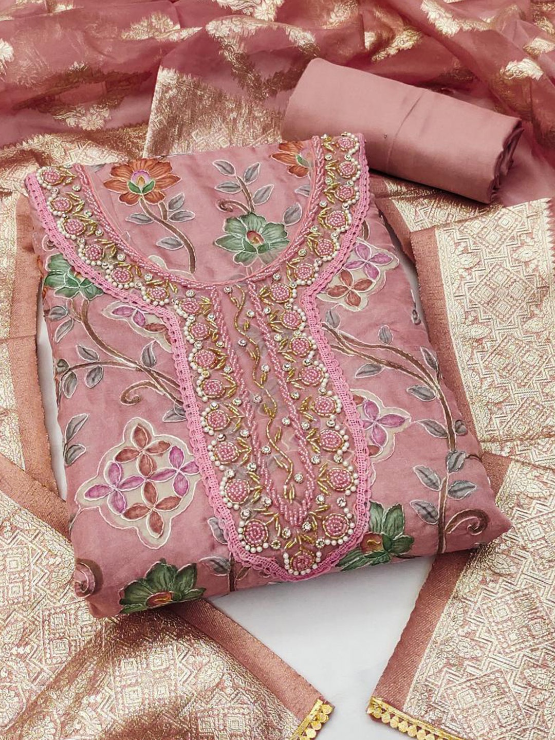 

Dori Embroidered Organza Unstitched Dress Material, Pink