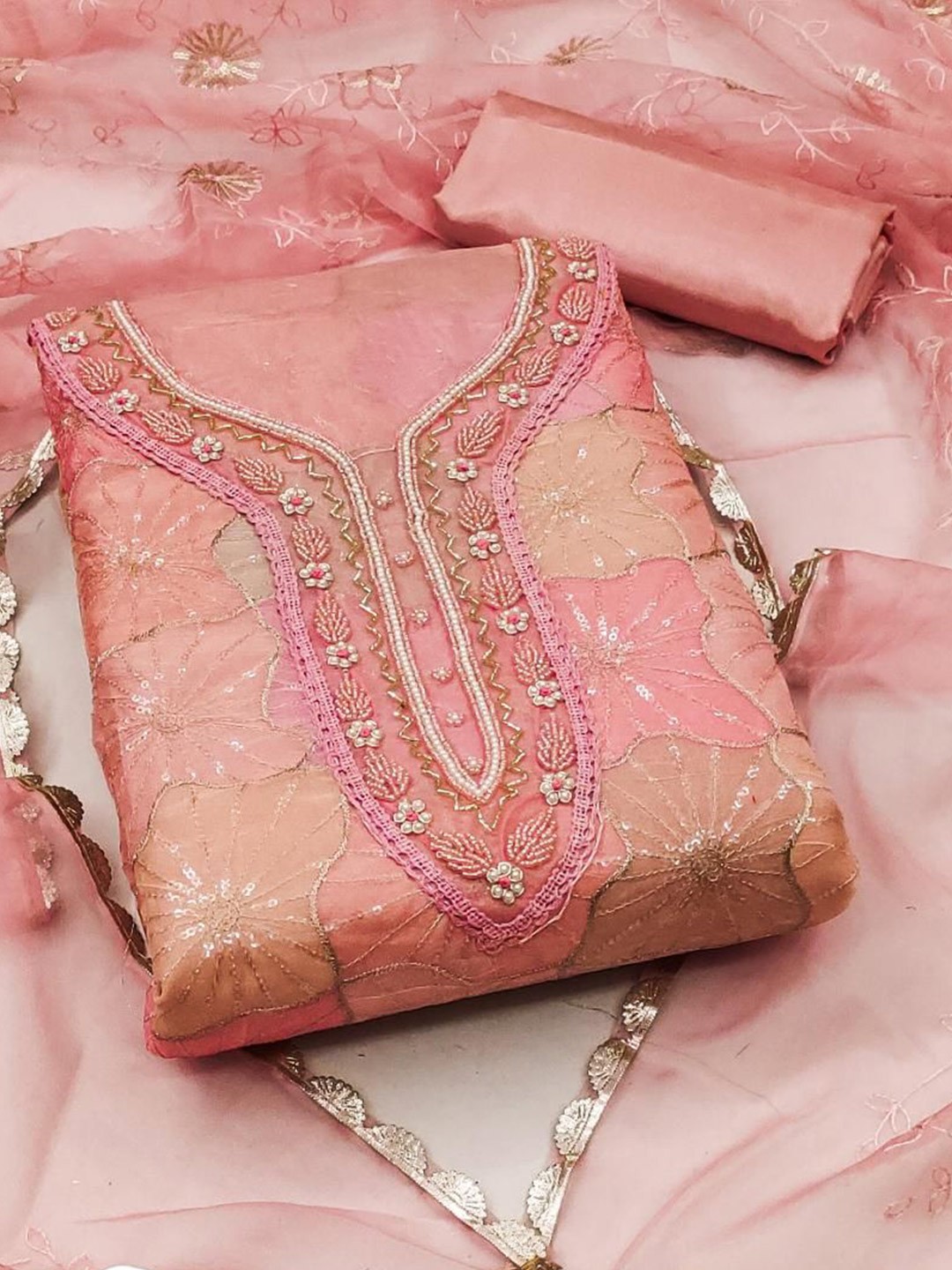 

Dori Embroidered Organza Unstitched Dress Material, Pink