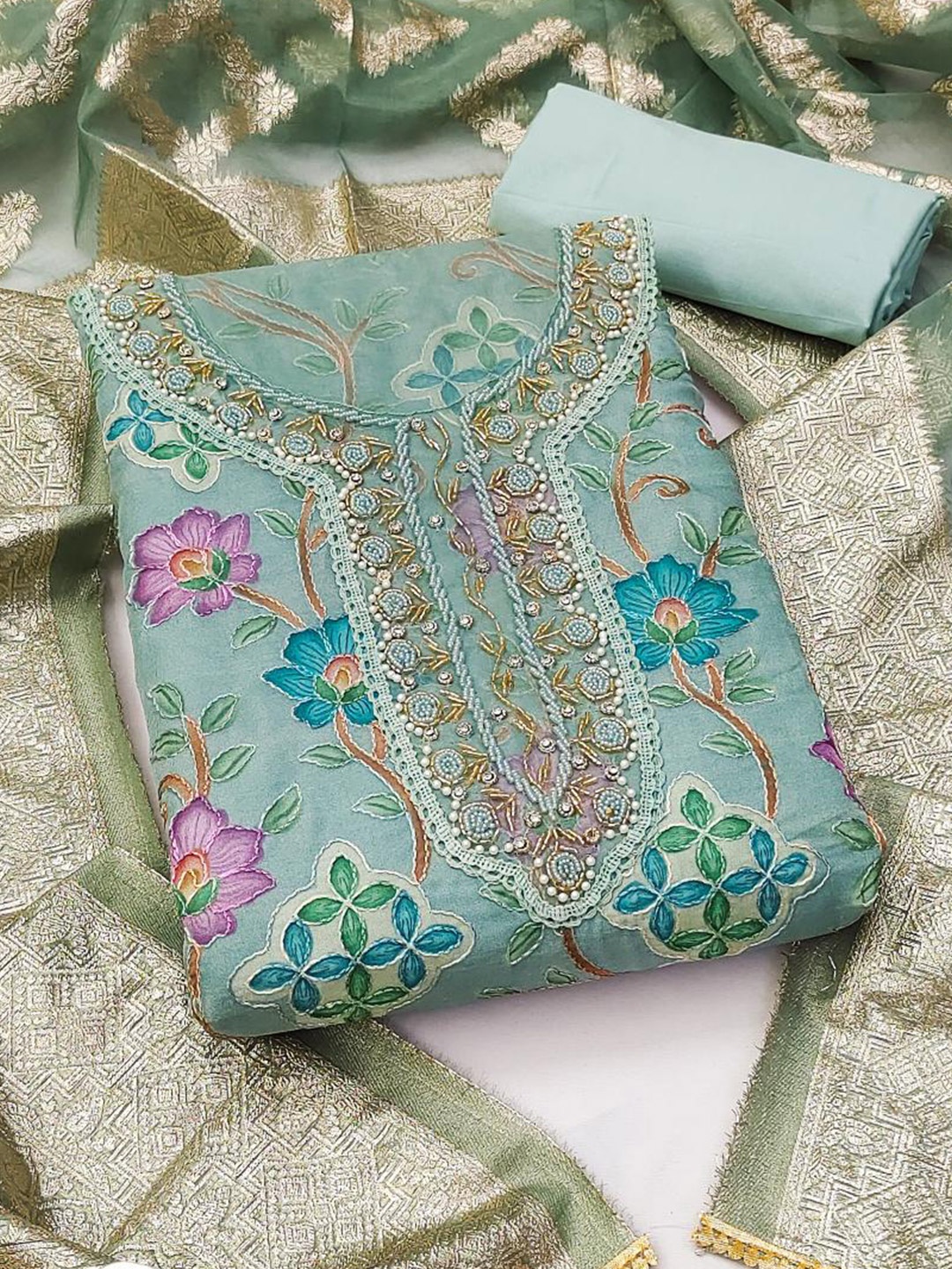 

Dori Embroidered Organza Unstitched Dress Material, Blue