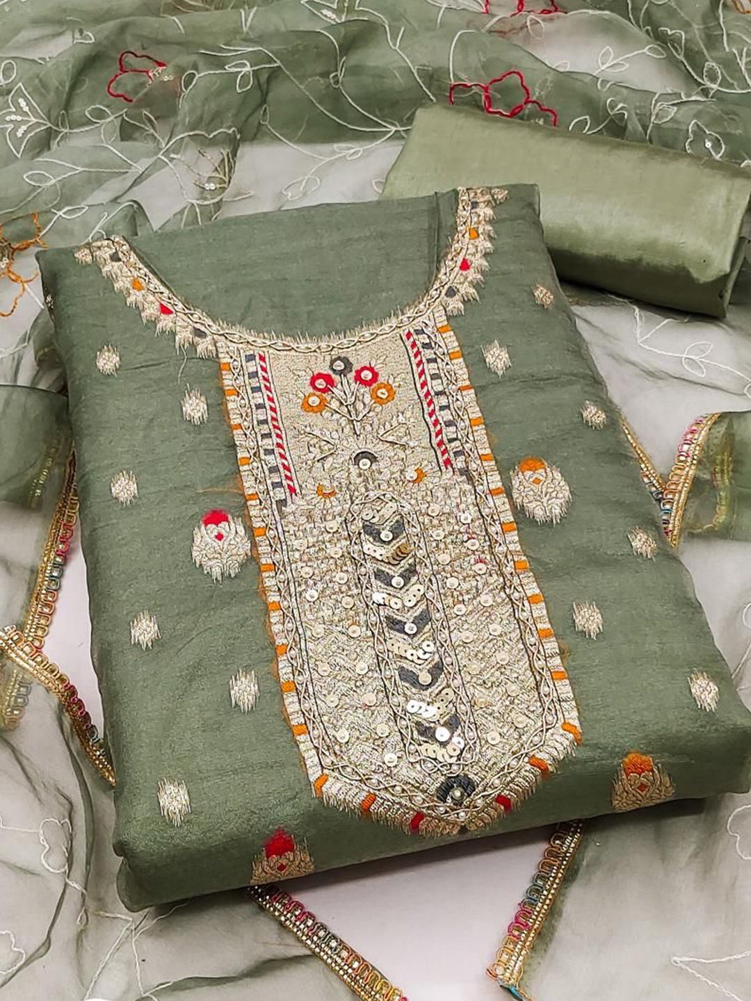

Dori Embroidered Organza Unstitched Dress Material, Green