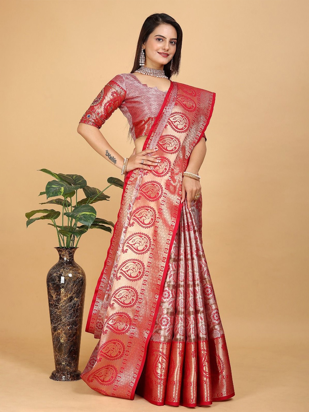 

K 5 Fashion Woven Design Tissue Heavy Work Saree, Red