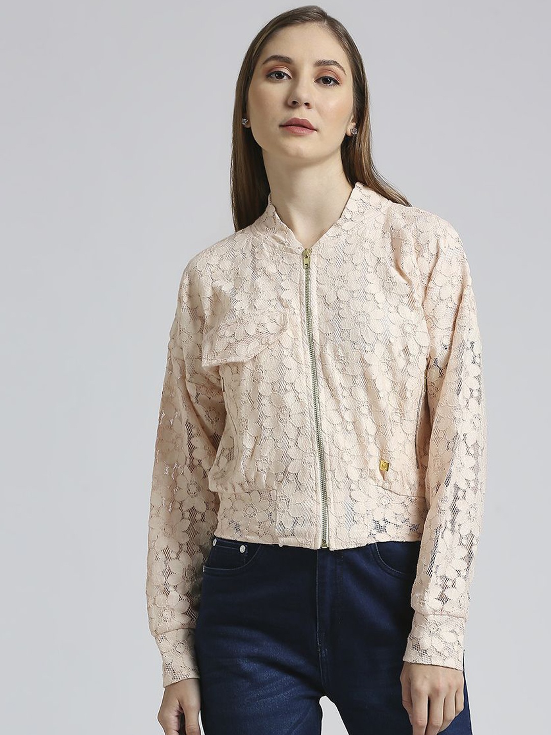 

EMBLAZE Self Design Mandarin Collar Cotton Tailored Jacket, Peach