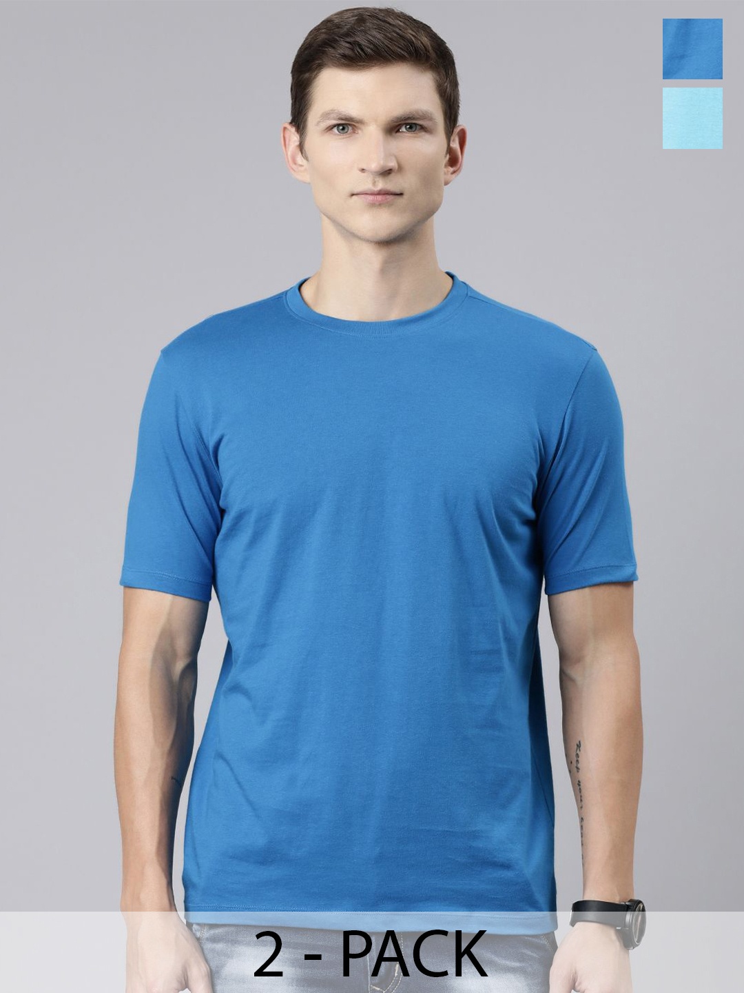 

Huetrap Pack of 2 Round Neck Pure Cotton T-shirts, Blue