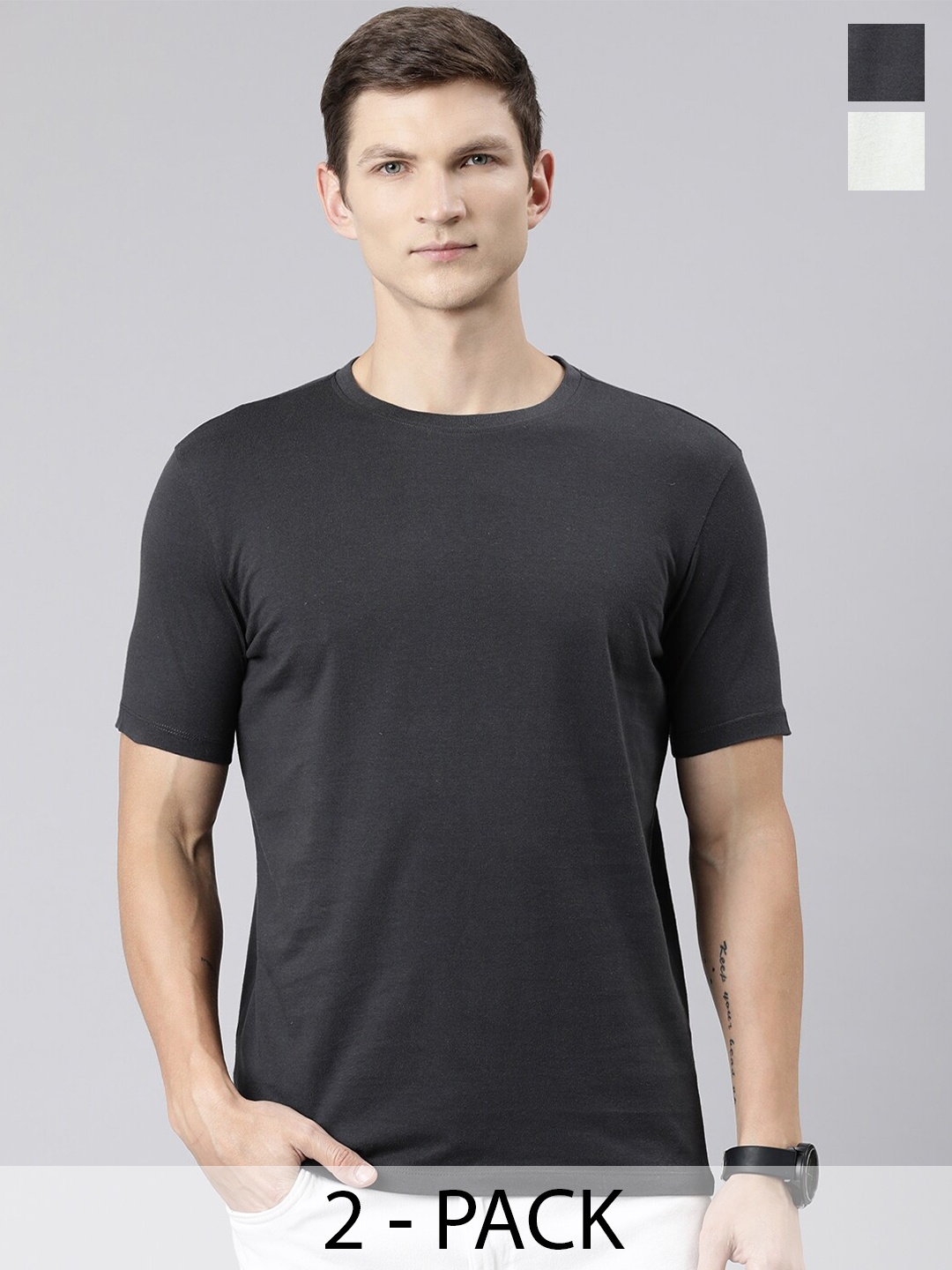 

Huetrap Pack Of 2 Pure Cotton T-shirts, Charcoal