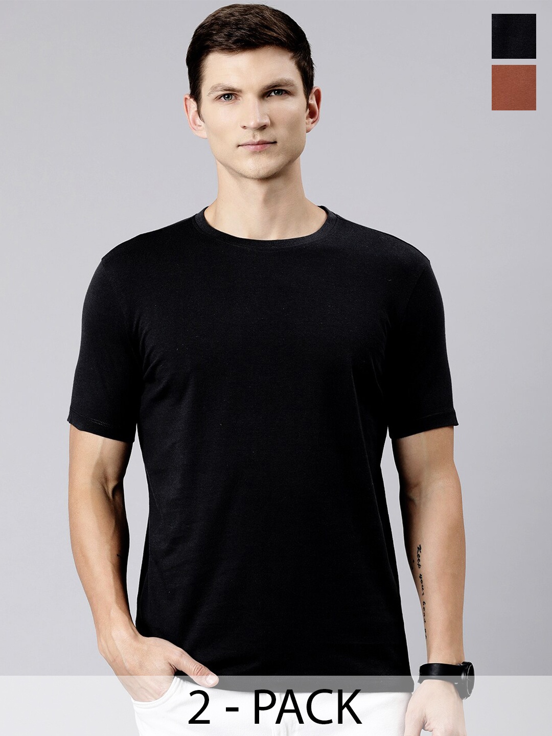 

Huetrap Pack of 2 Round Neck Pure Cotton T-shirts, Black