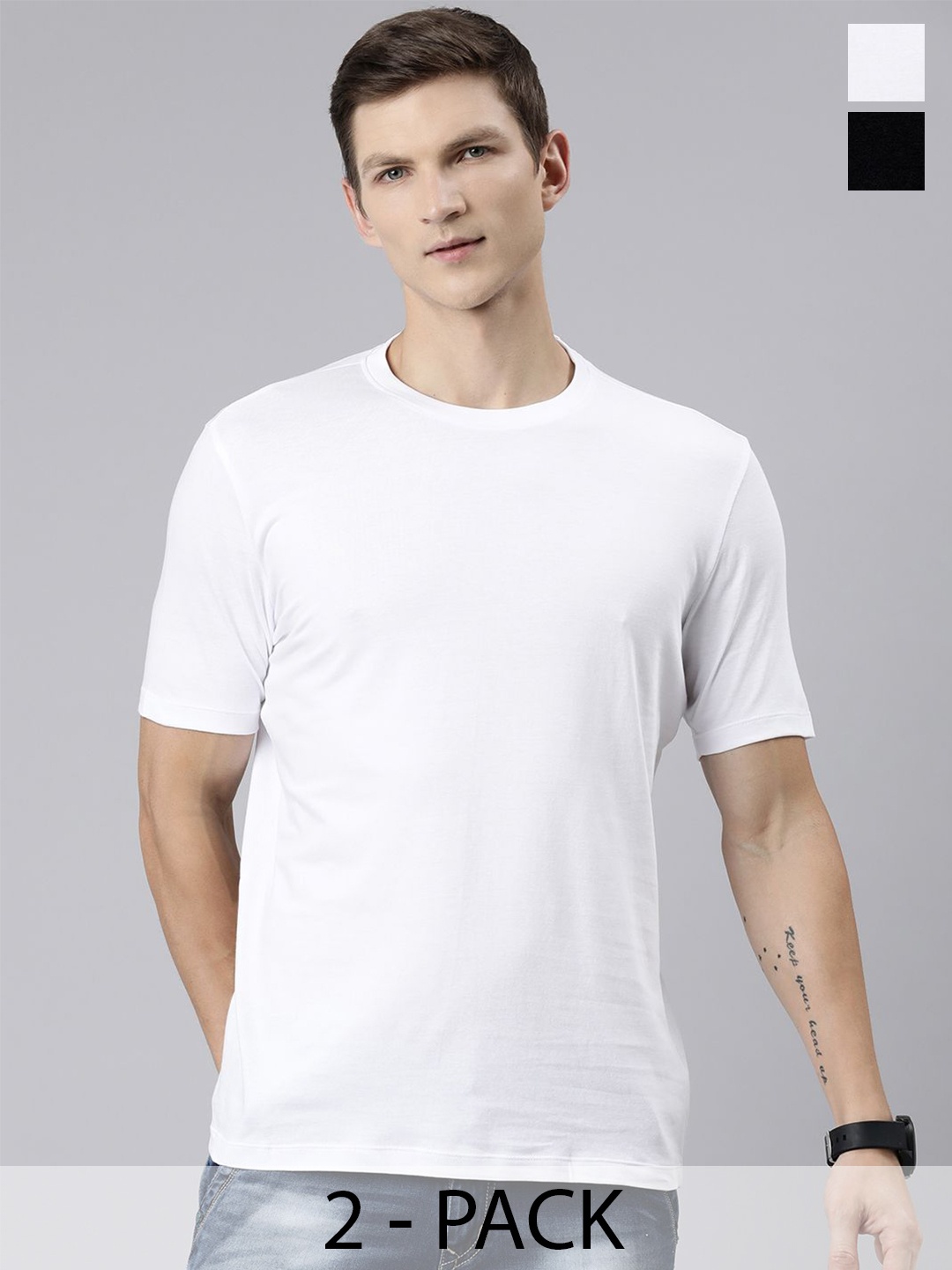 

Huetrap Men Set Of 2 Solid Round Neck T-shirts, White